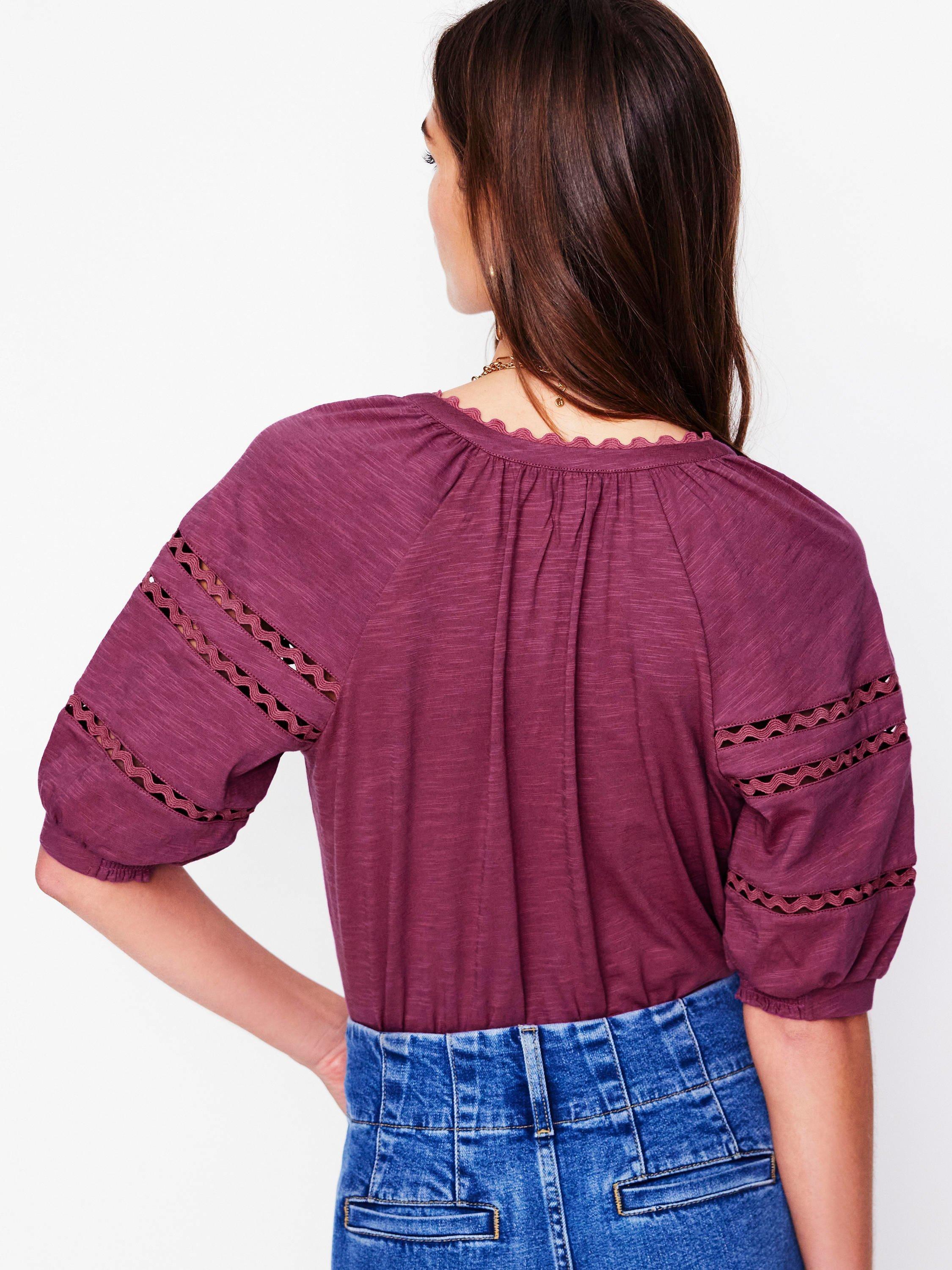 Product image 3 of 5, which shows Boden Maisy Linen Rikrak Trim Short Sleeve Top, Violet Quartz, 8