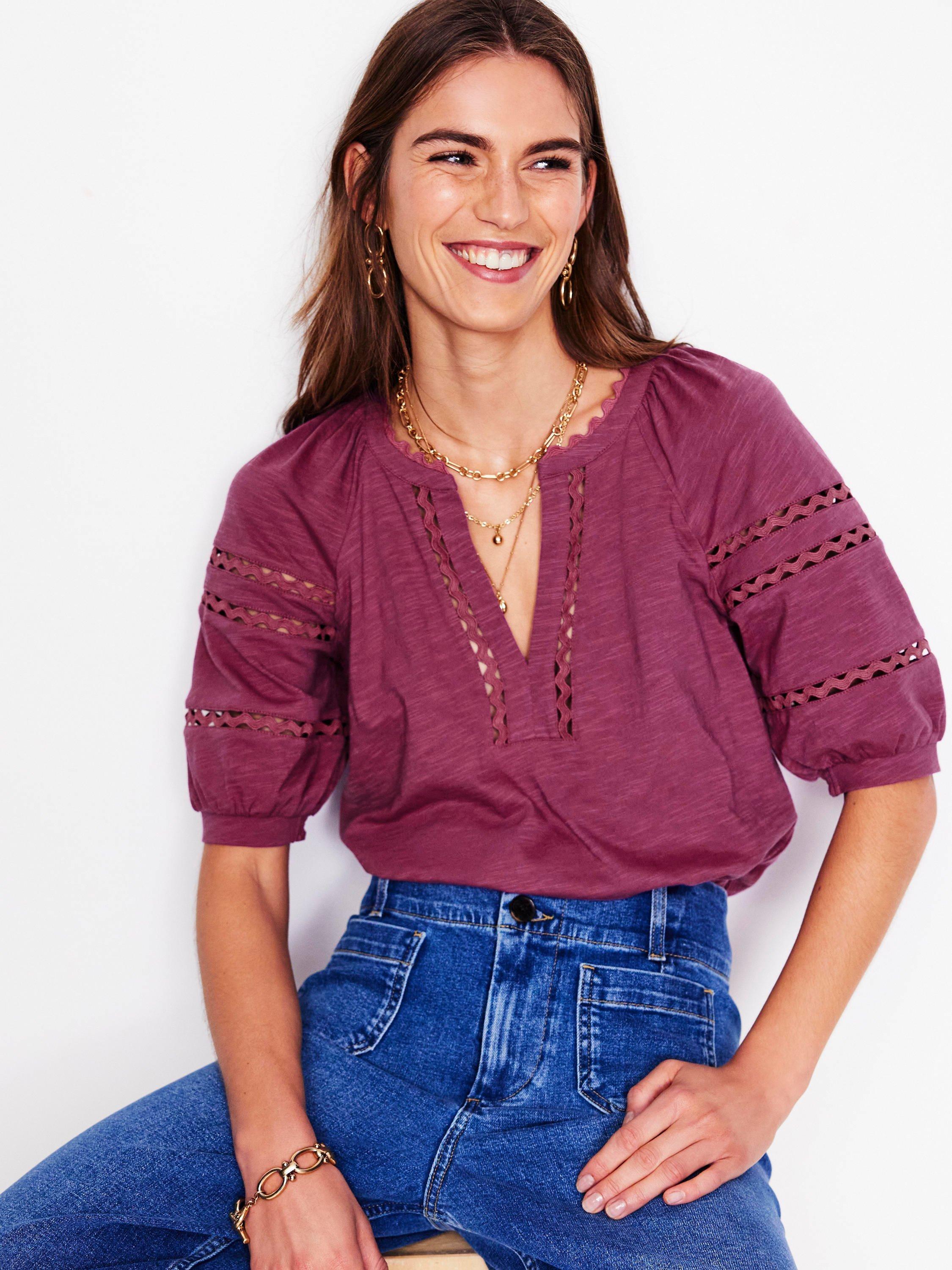 Product image 4 of 5, which shows Boden Maisy Linen Rikrak Trim Short Sleeve Top, Violet Quartz, 8