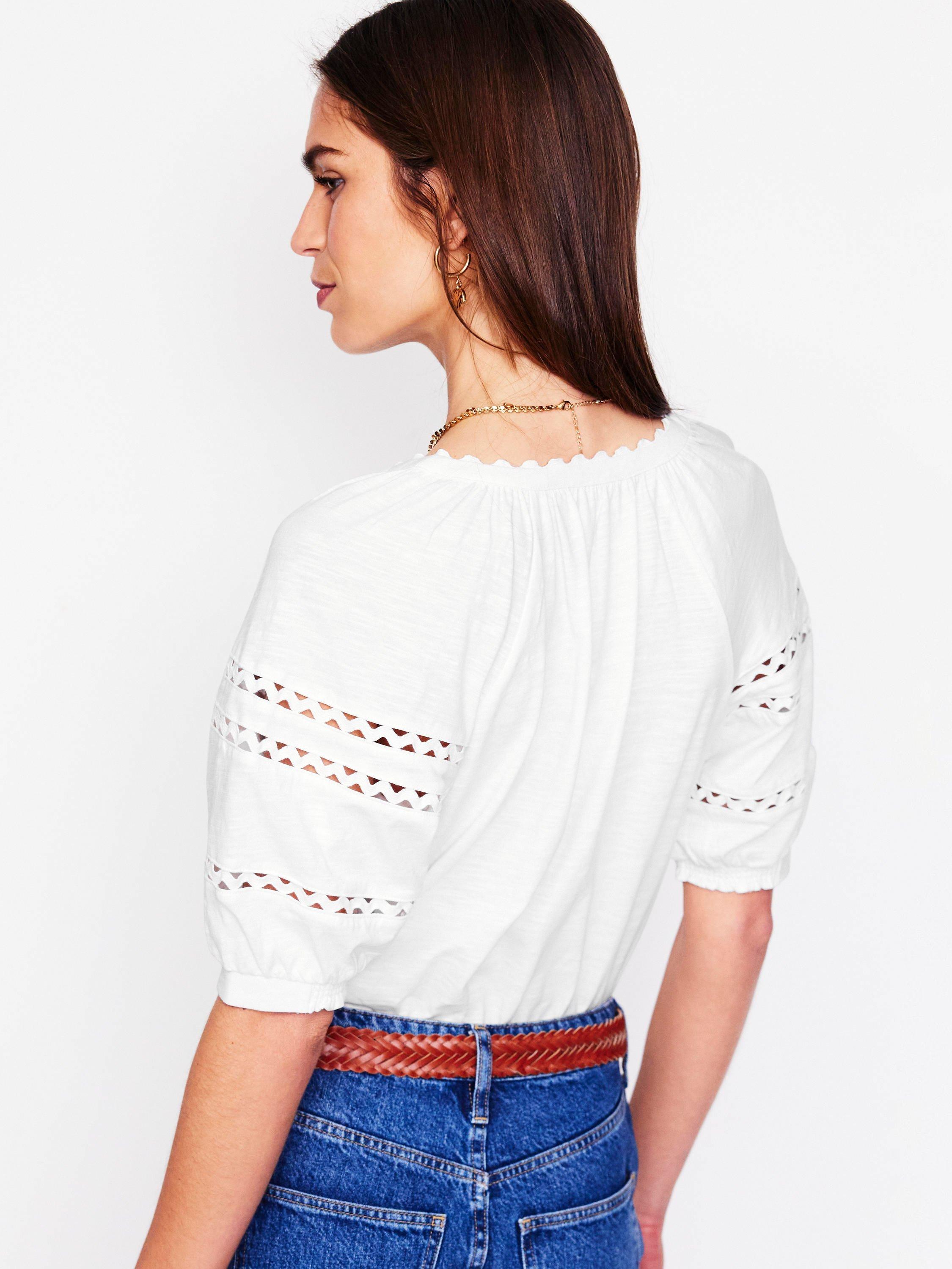 Product image 3 of 5, which shows Boden Maisy Linen Rikrak Trim Short Sleeve Top, White, 8