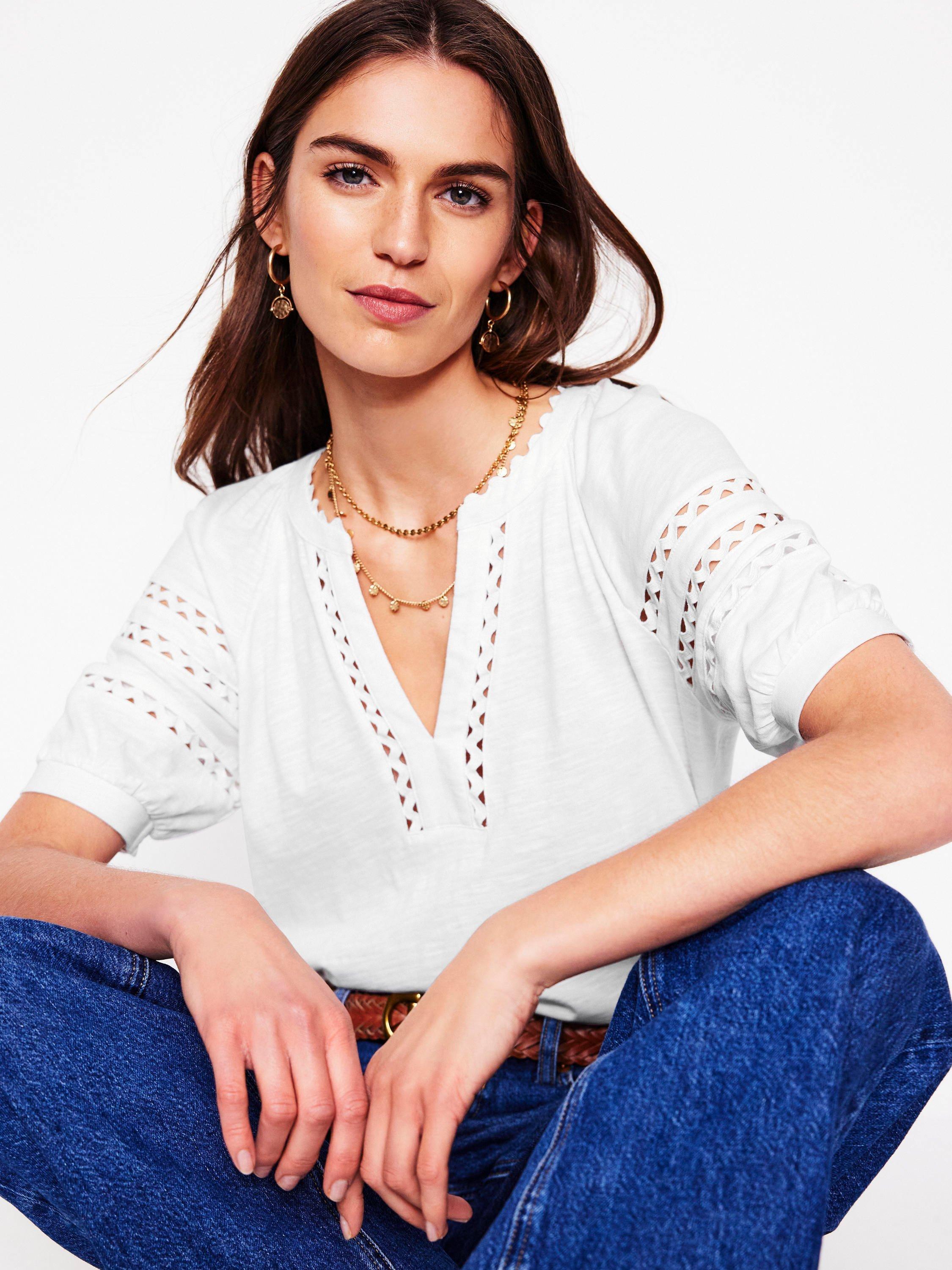 Product image 4 of 5, which shows Boden Maisy Linen Rikrak Trim Short Sleeve Top, White, 8