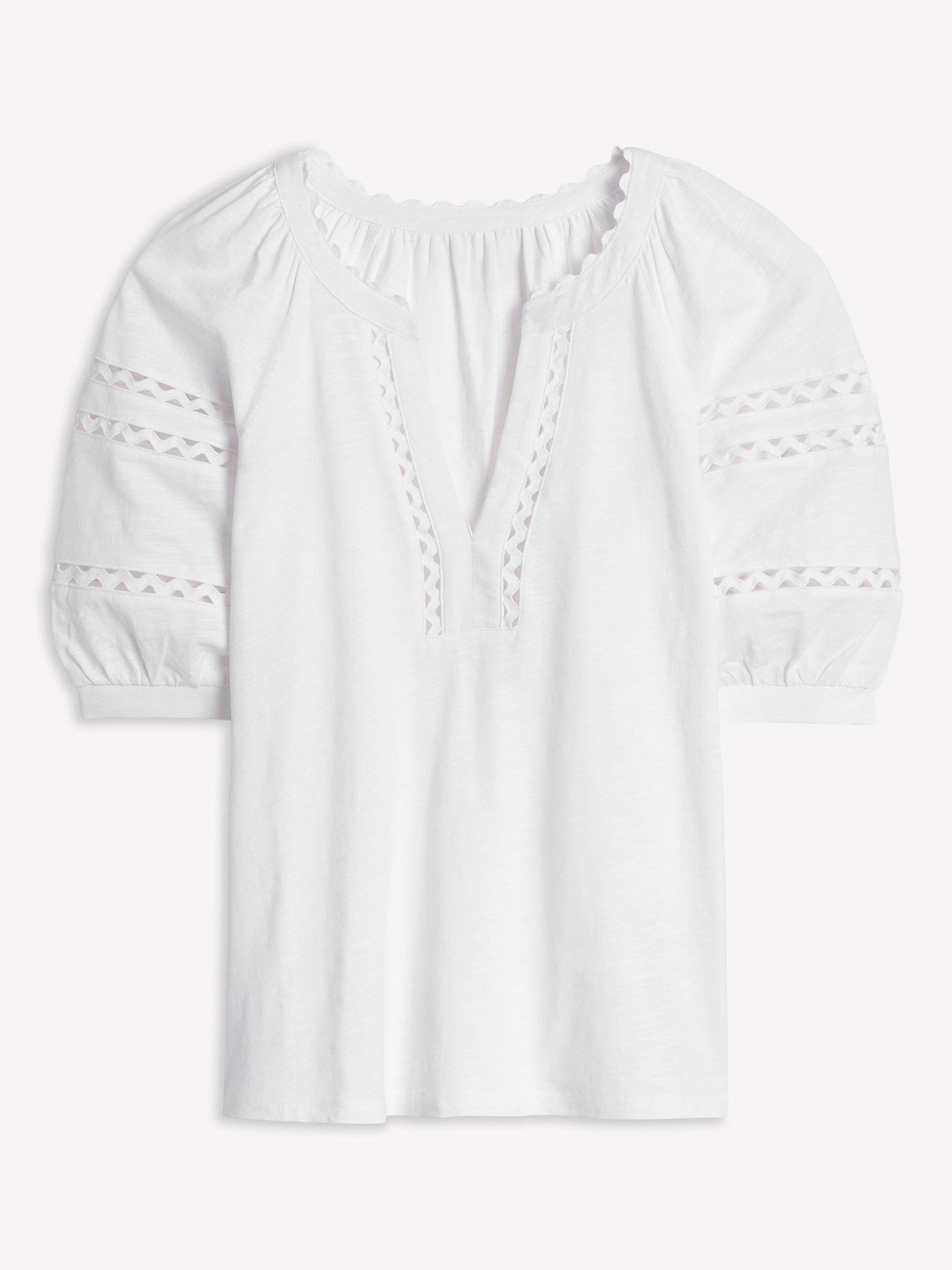 Product image 5 of 5, which shows Boden Maisy Linen Rikrak Trim Short Sleeve Top, White, 8