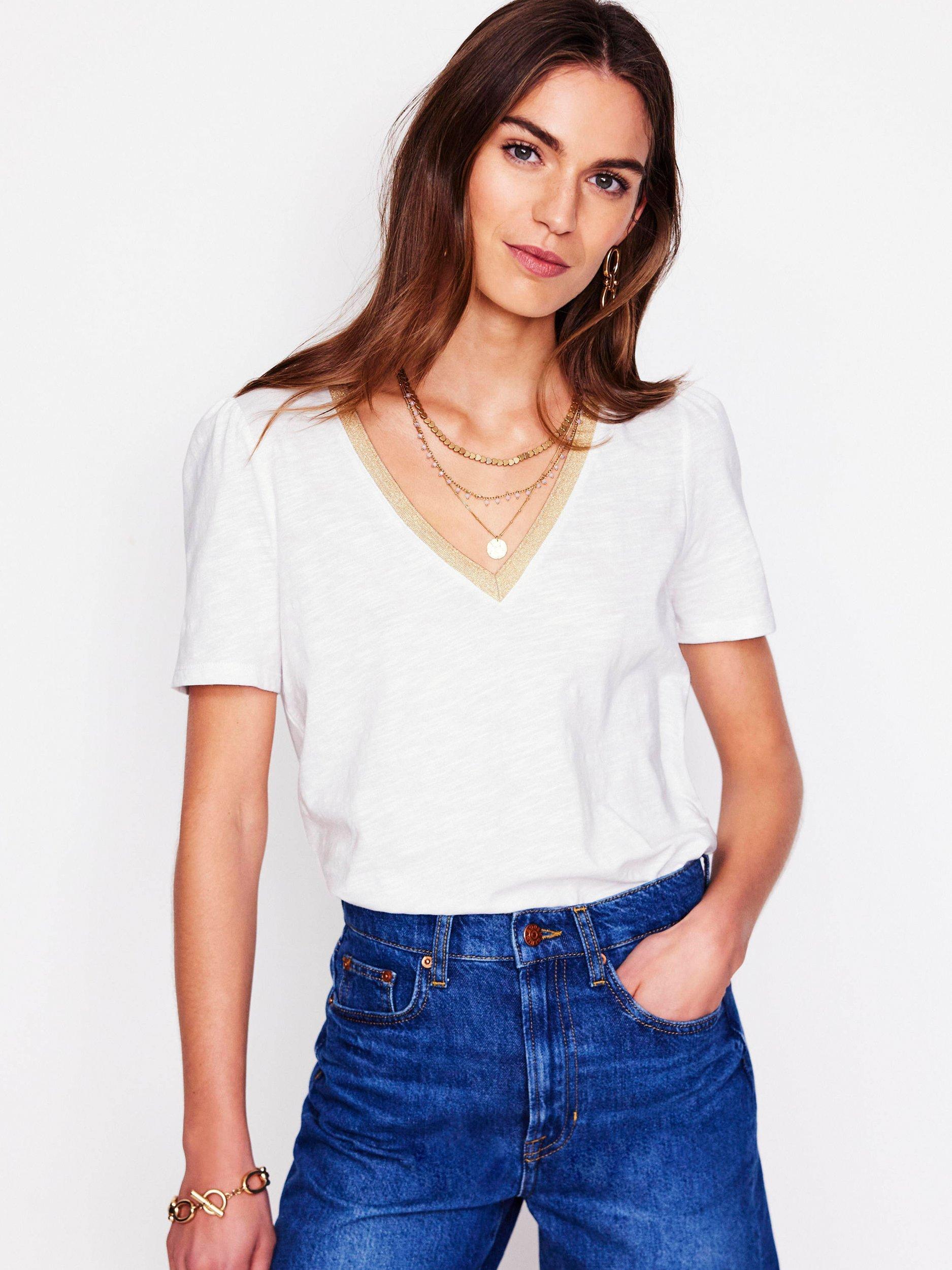 Product image 1 of 5, which shows Boden Metallic Trim V-Neck Top, White, 8
