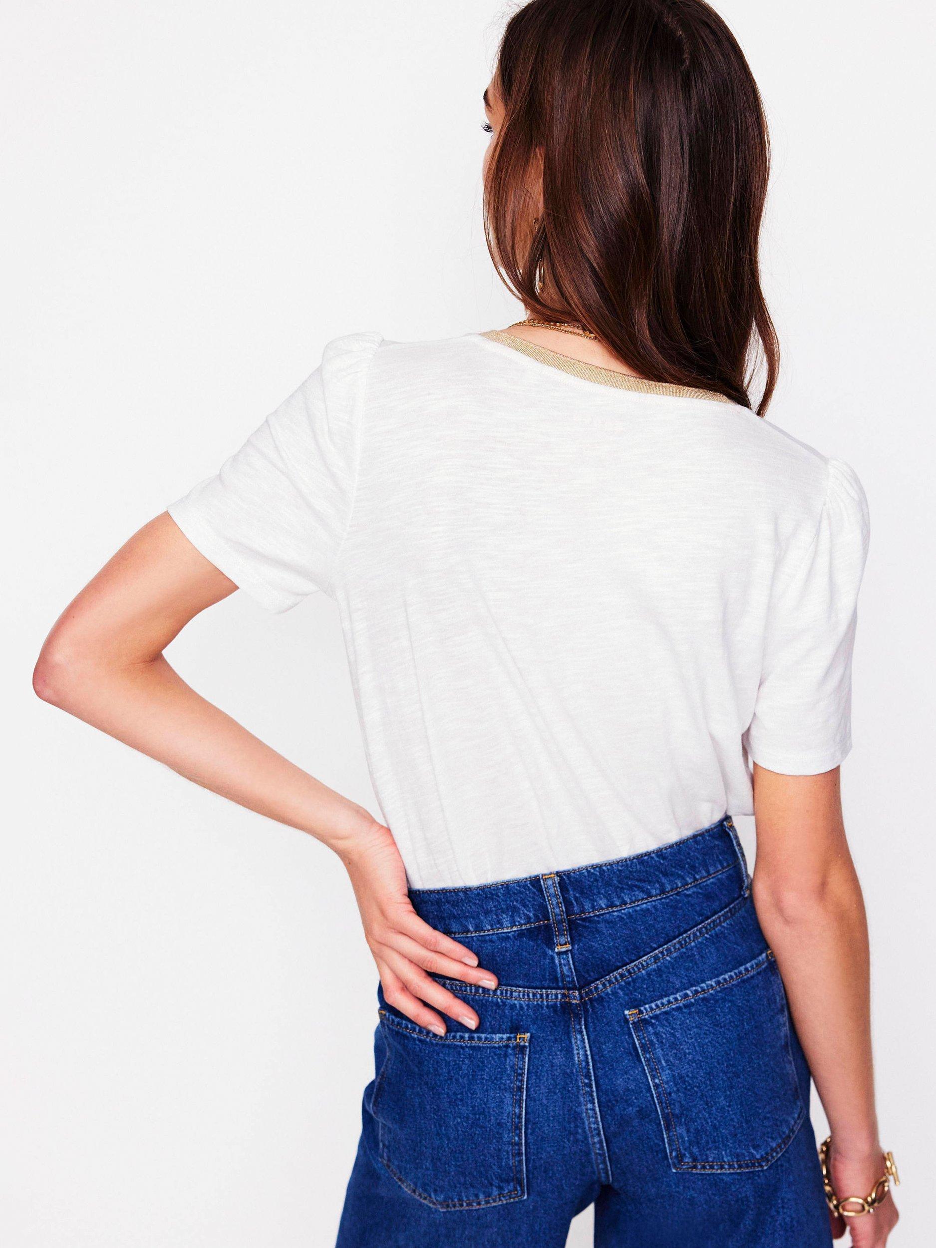 Product image 3 of 5, which shows Boden Metallic Trim V-Neck Top, White, 8