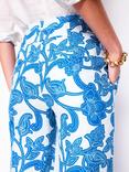Boden Floral Belted Pure Linen Trousers, Blue/Multi