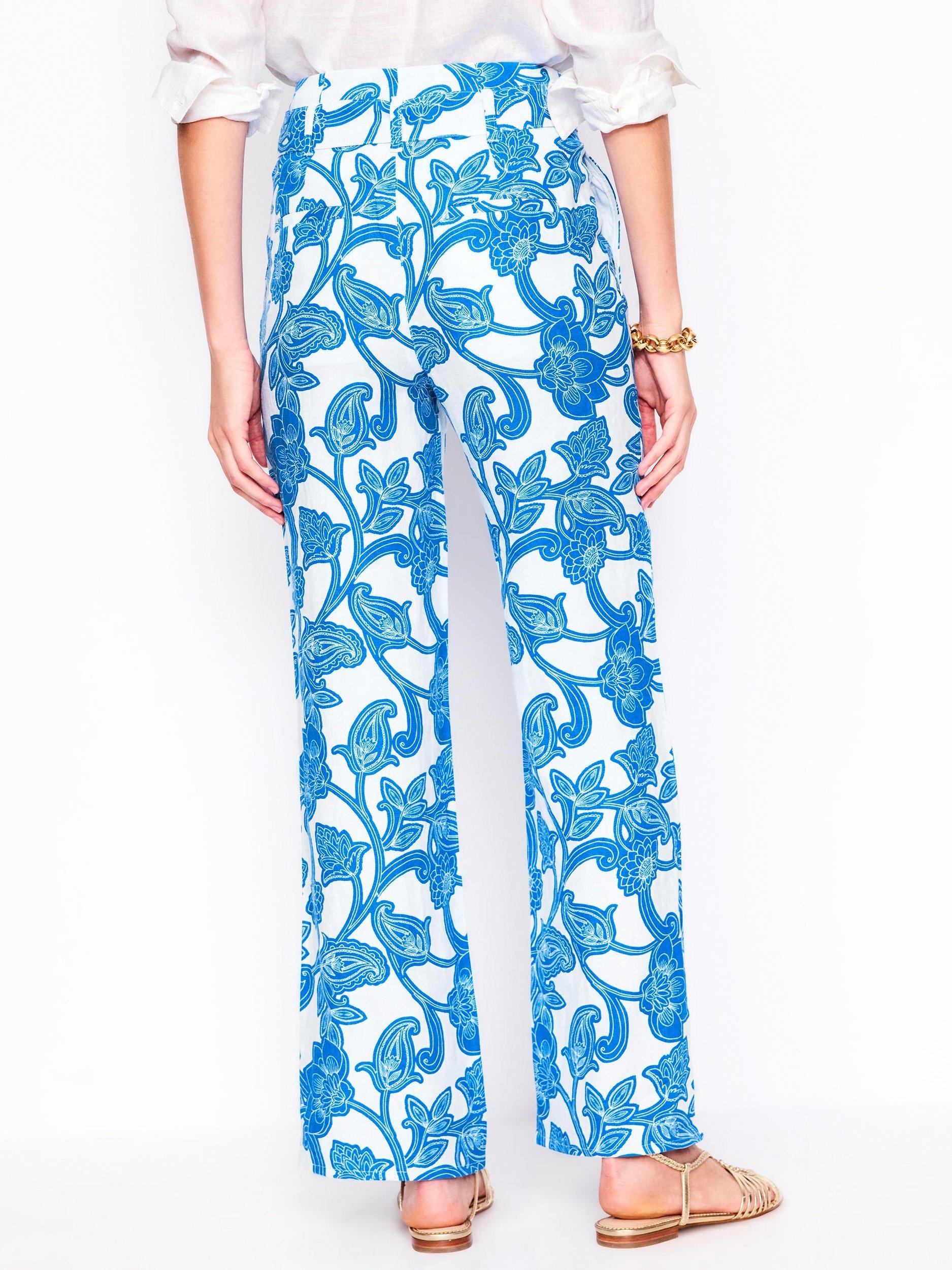 Product image 4 of 6, which shows Boden Floral Belted Pure Linen Trousers, Blue/Multi, 8
