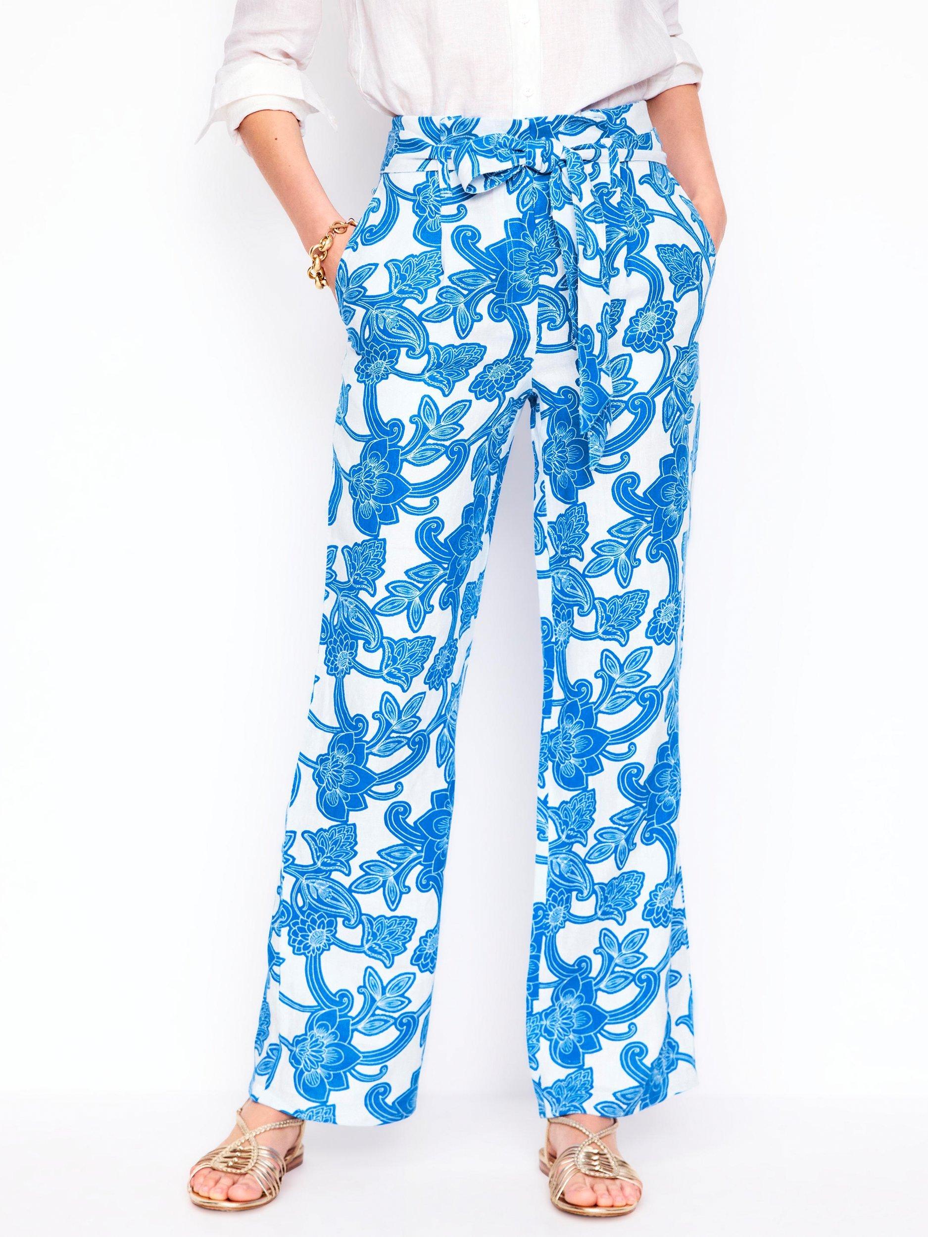 Product image 5 of 6, which shows Boden Floral Belted Pure Linen Trousers, Blue/Multi, 8