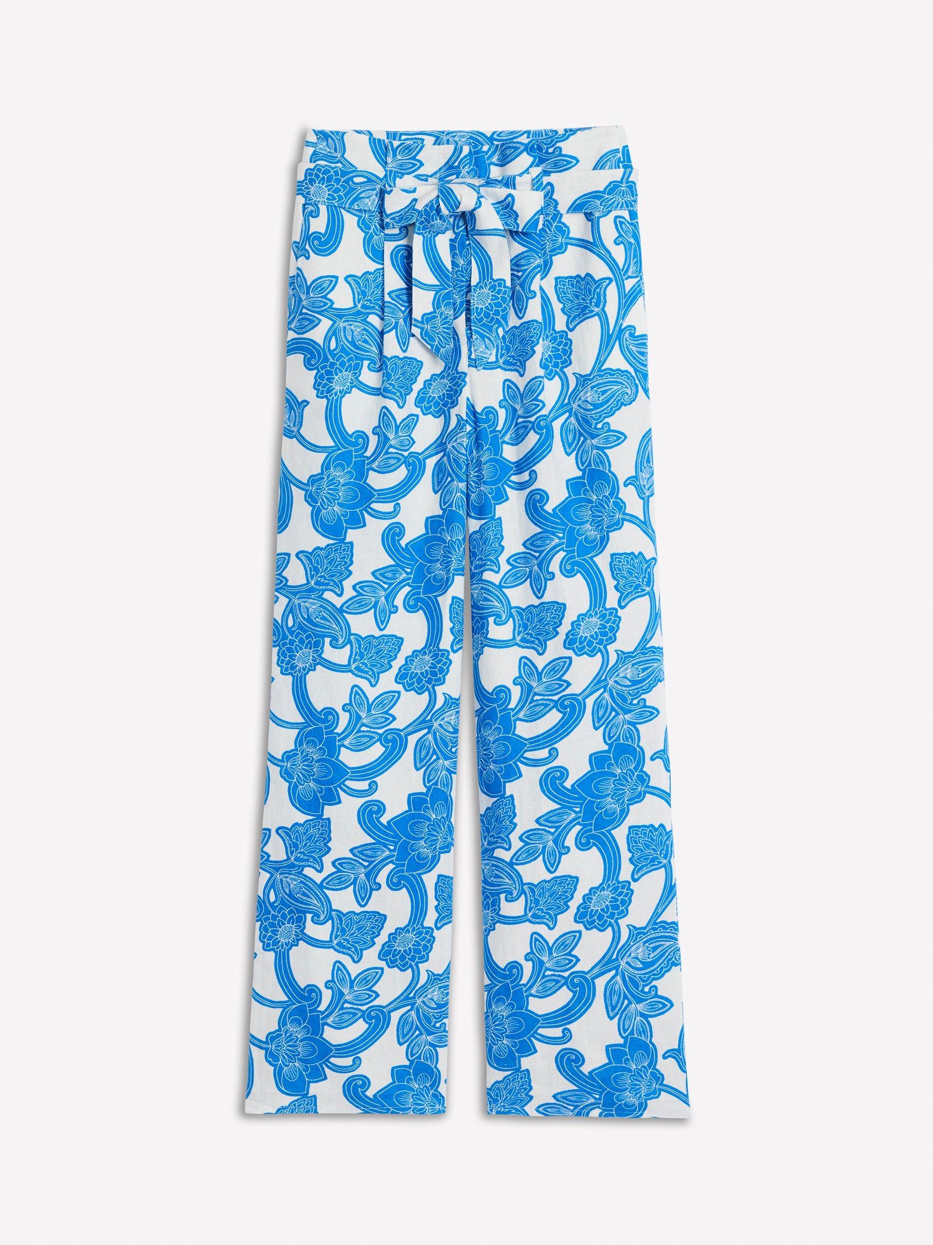 Product image 6 of 6, which shows Boden Floral Belted Pure Linen Trousers, Blue/Multi, 8