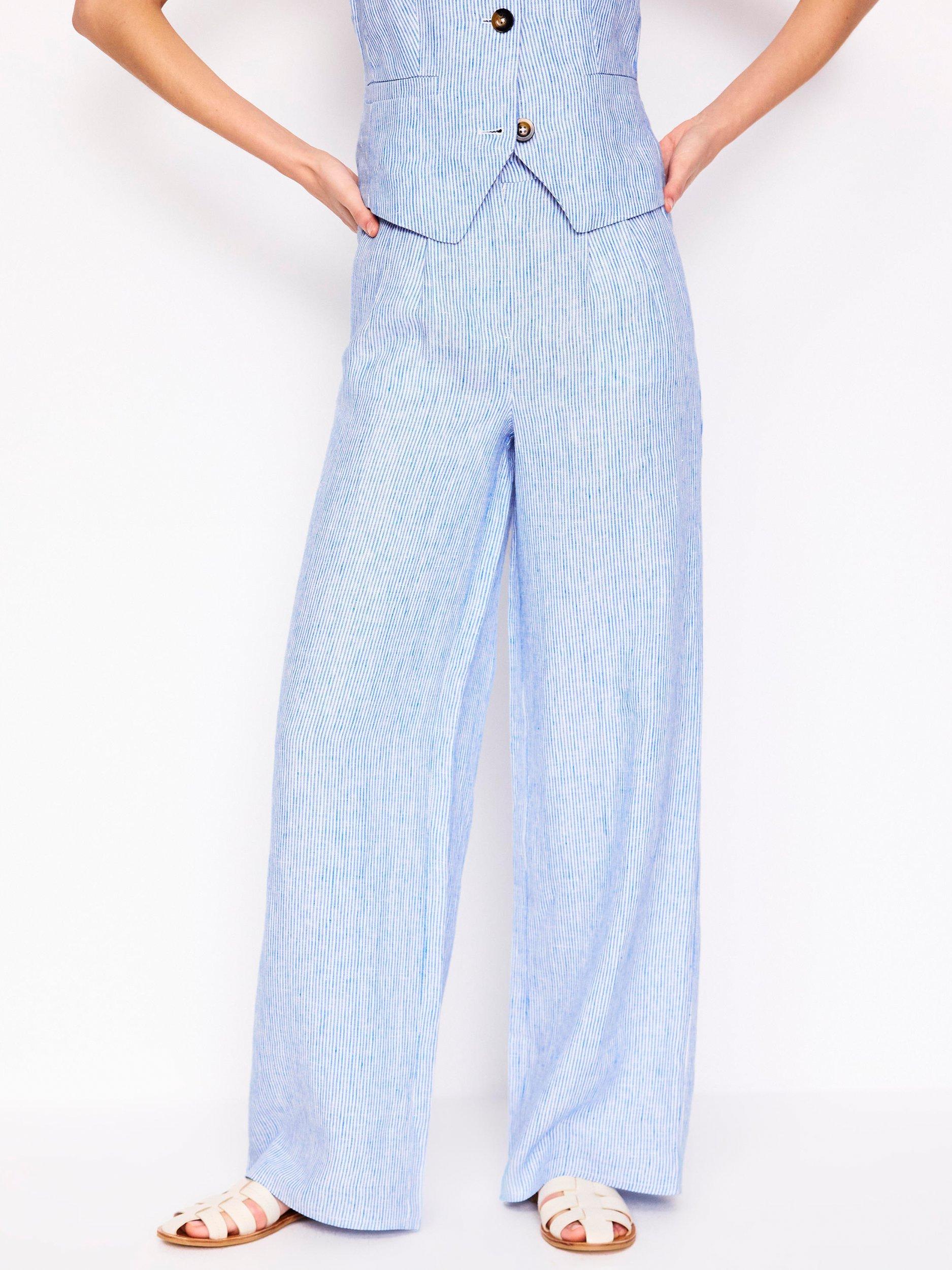 Product image 4 of 5, which shows Boden Dulwich Linen Stripe Trousers, Blue/Multi, 16