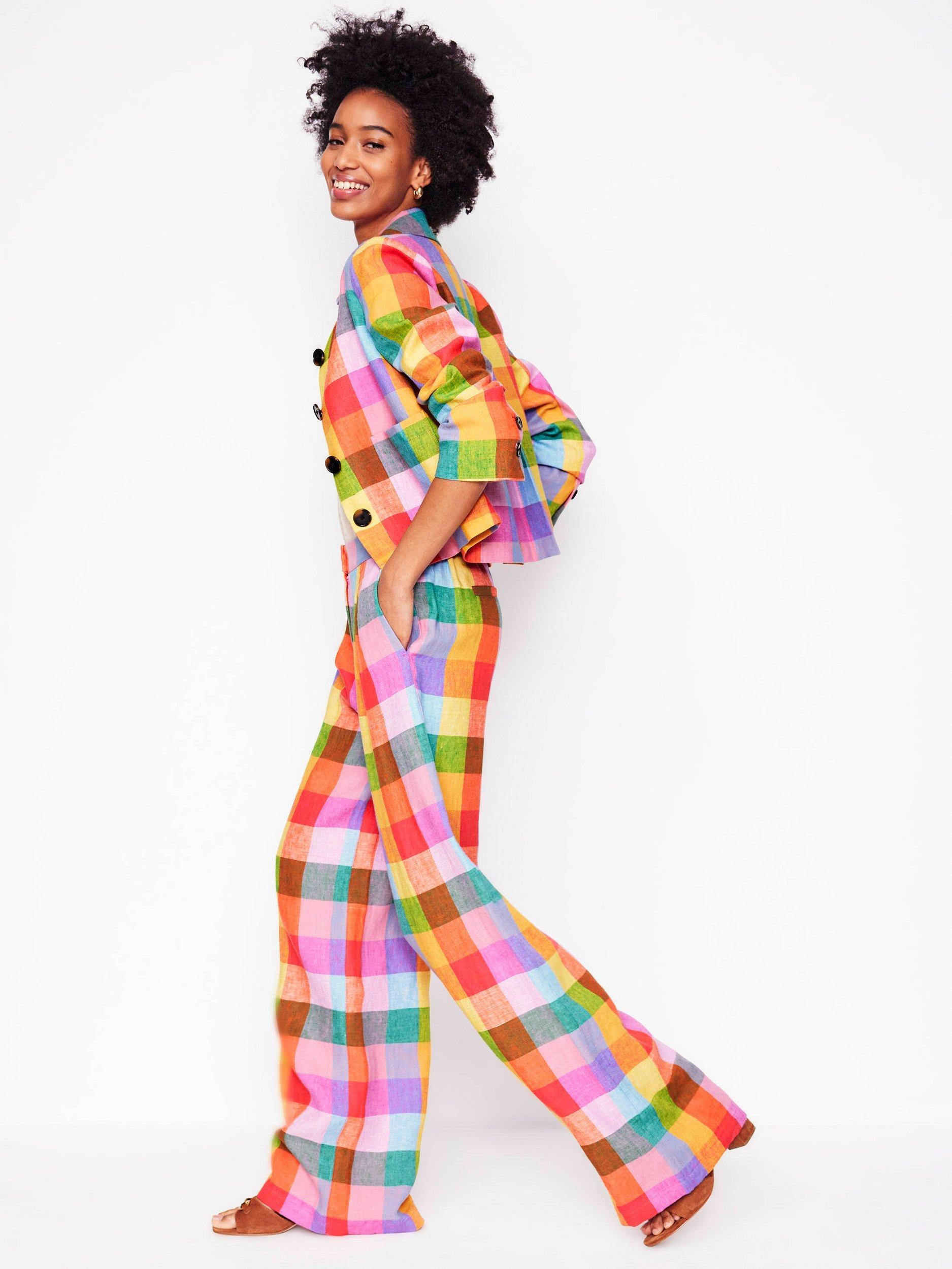 Product image 1 of 5, which shows Boden Dulwich Check Pure Linen Trousers, Rainbow, 12