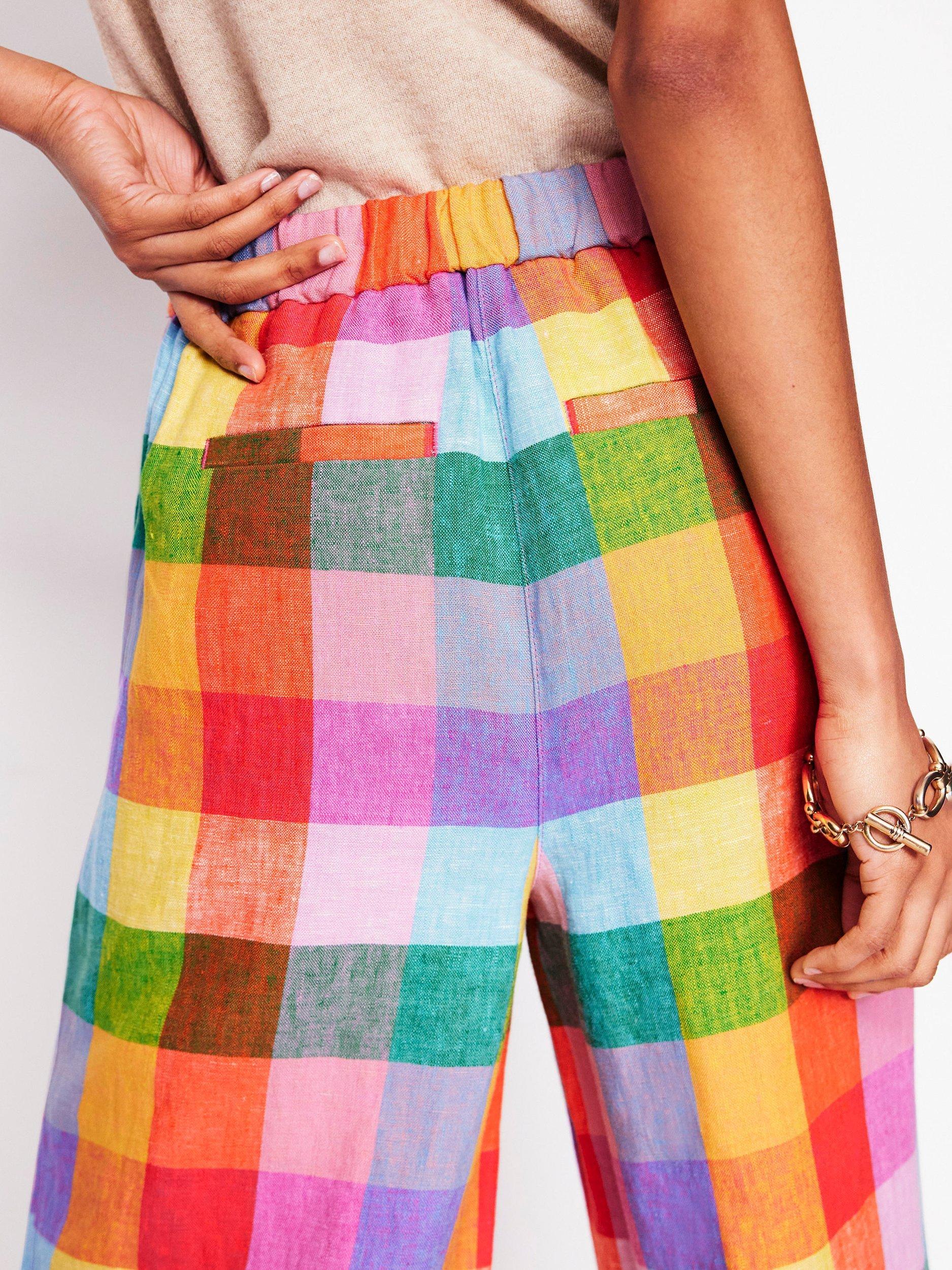 Product image 2 of 5, which shows Boden Dulwich Check Pure Linen Trousers, Rainbow, 12