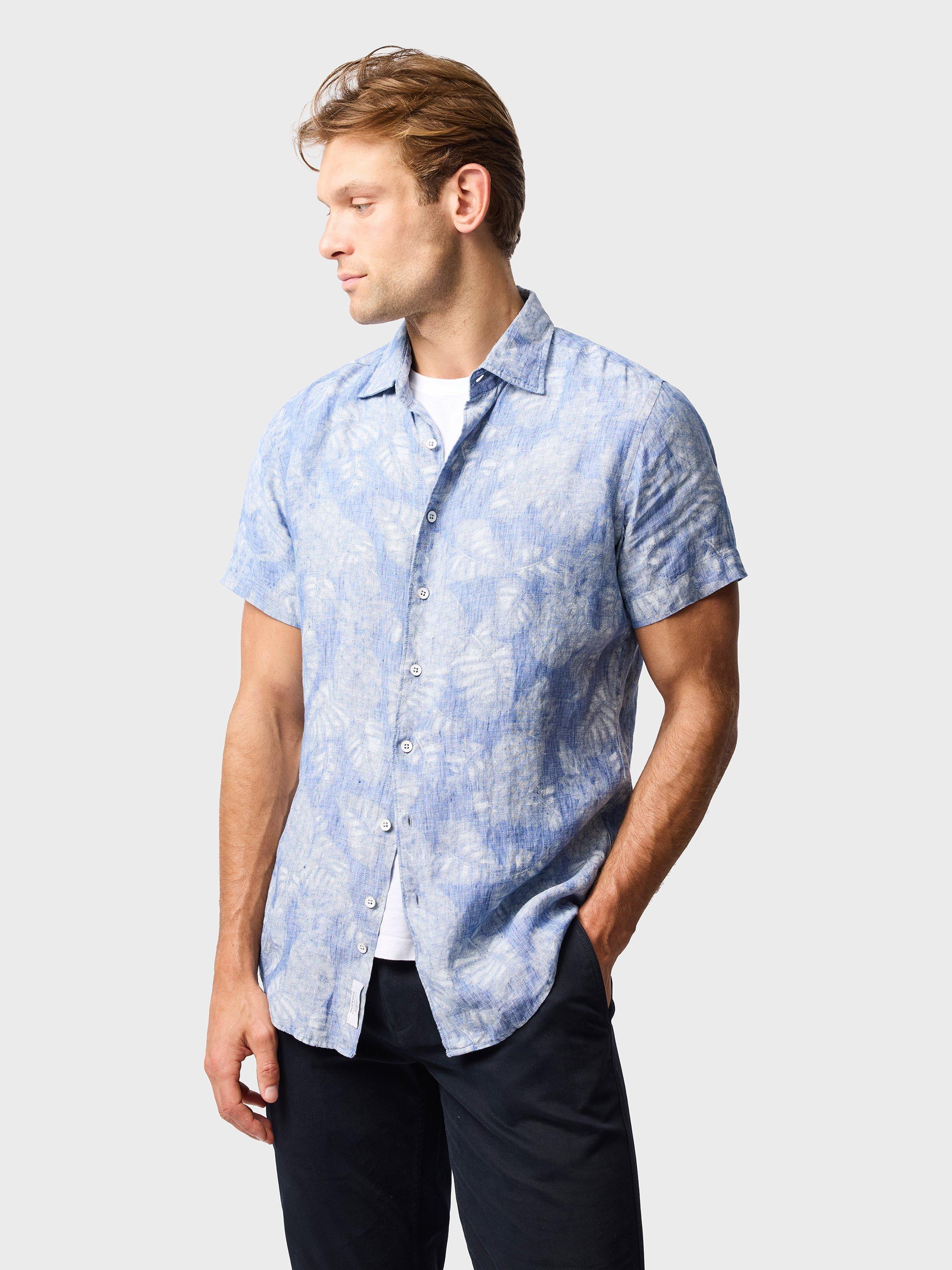 Product image 1 of 5, which shows Rodd & Gunn Savill Bay Floral Linen Slim Fit Short Sleeve Shirt, Chambray, XS
