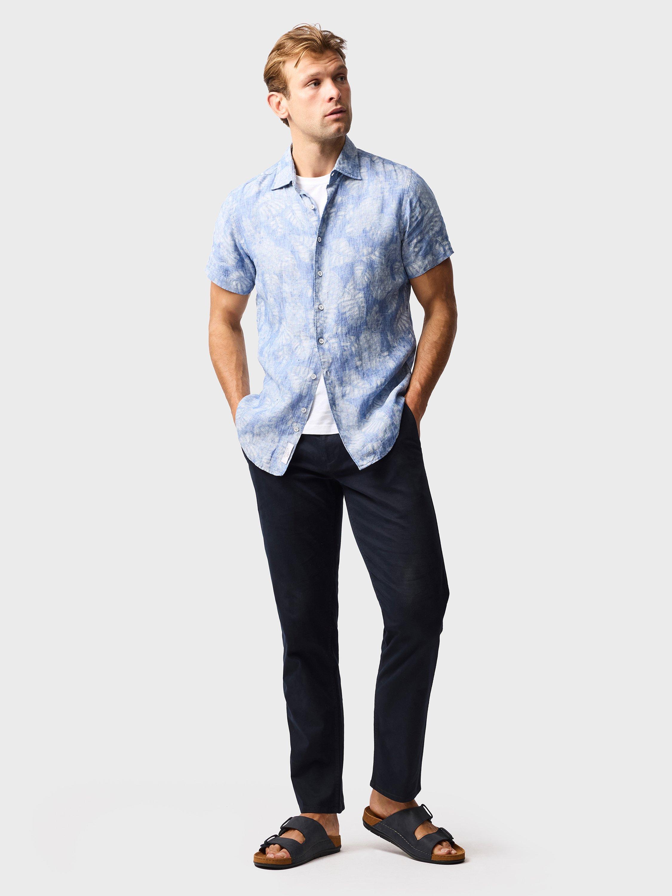 Product image 2 of 5, which shows Rodd & Gunn Savill Bay Floral Linen Slim Fit Short Sleeve Shirt, Chambray, XS