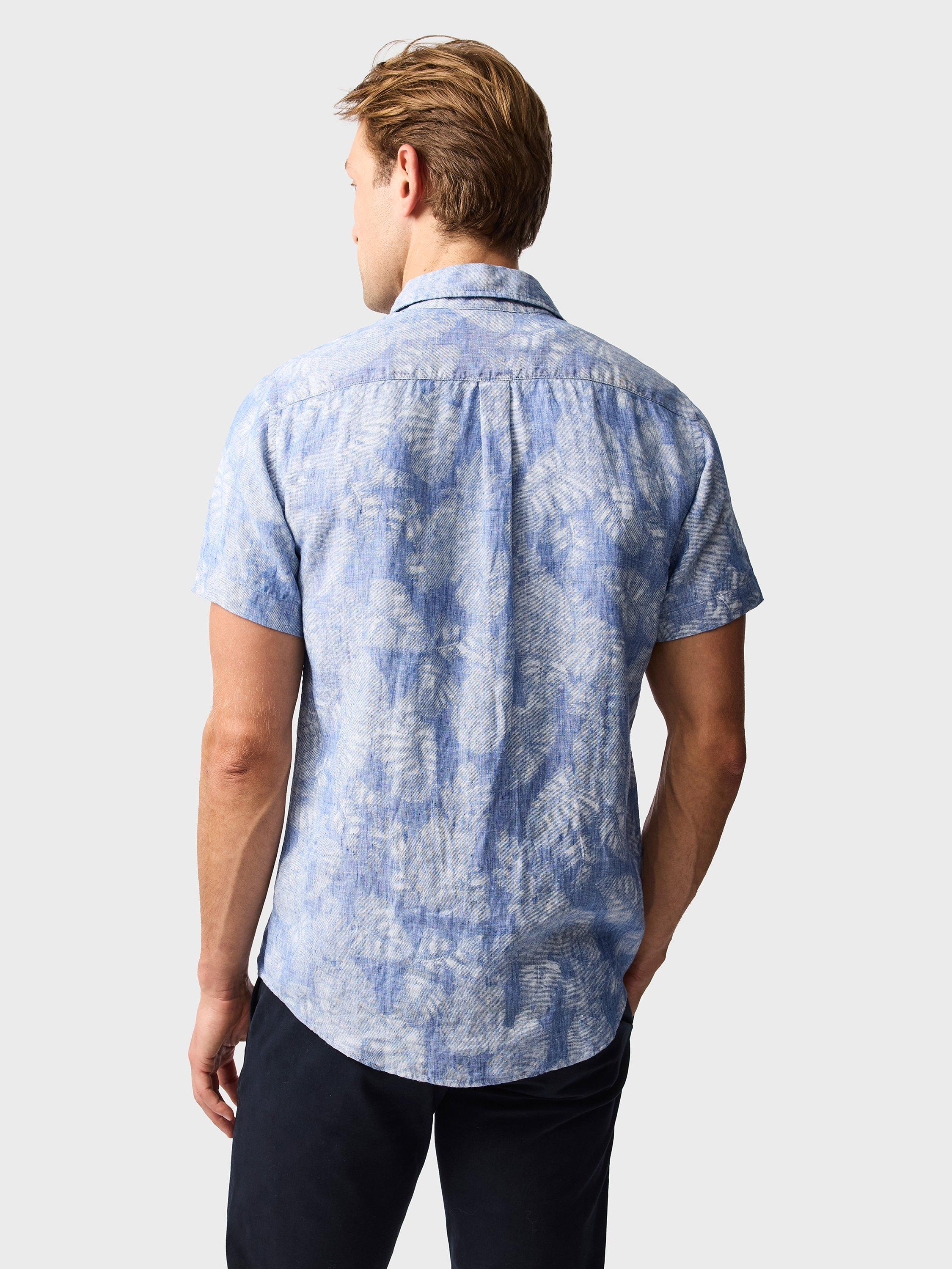 Product image 3 of 5, which shows Rodd & Gunn Savill Bay Floral Linen Slim Fit Short Sleeve Shirt, Chambray, XS
