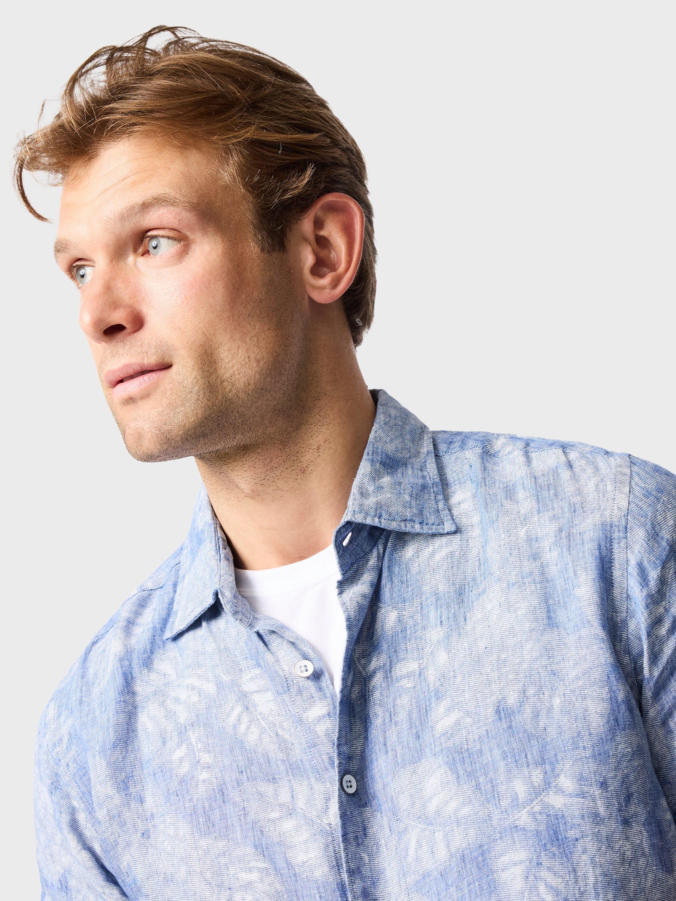 Product image 4 of 5, which shows Rodd & Gunn Savill Bay Floral Linen Slim Fit Short Sleeve Shirt, Chambray, XS