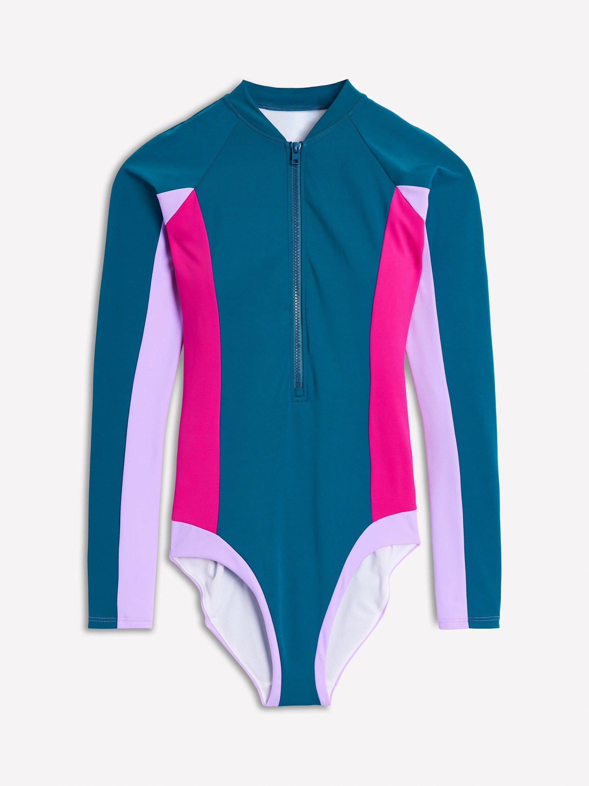 Product image 5 of 6, which shows Boden Sporty Raglan Sleeve Zip-Up Swimsuit, Oceanside Blue, 8