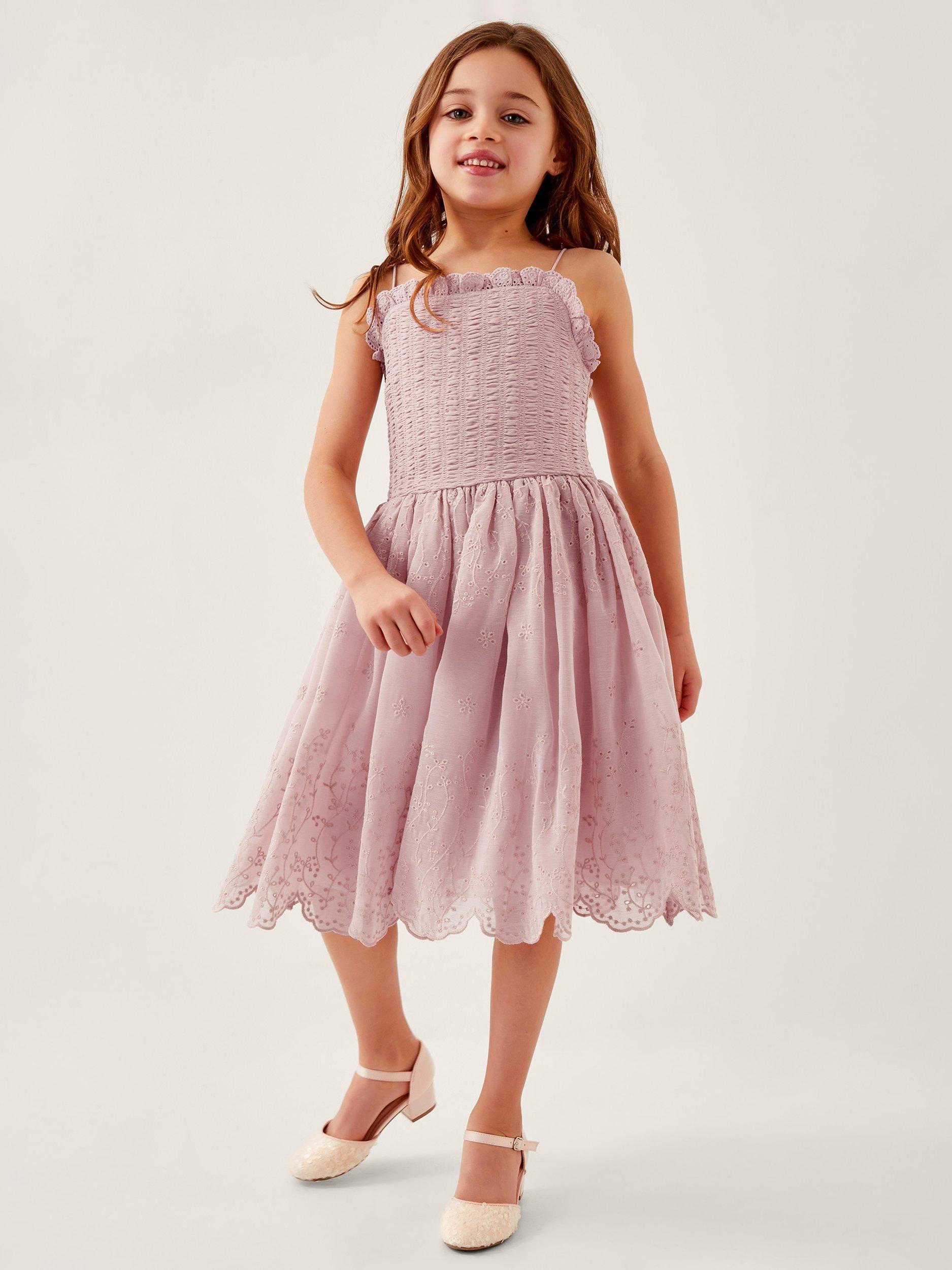 Product image 1 of 4, which shows Monsoon Kids' Clementine Strappy Broderie Dress, Pink, 3 years