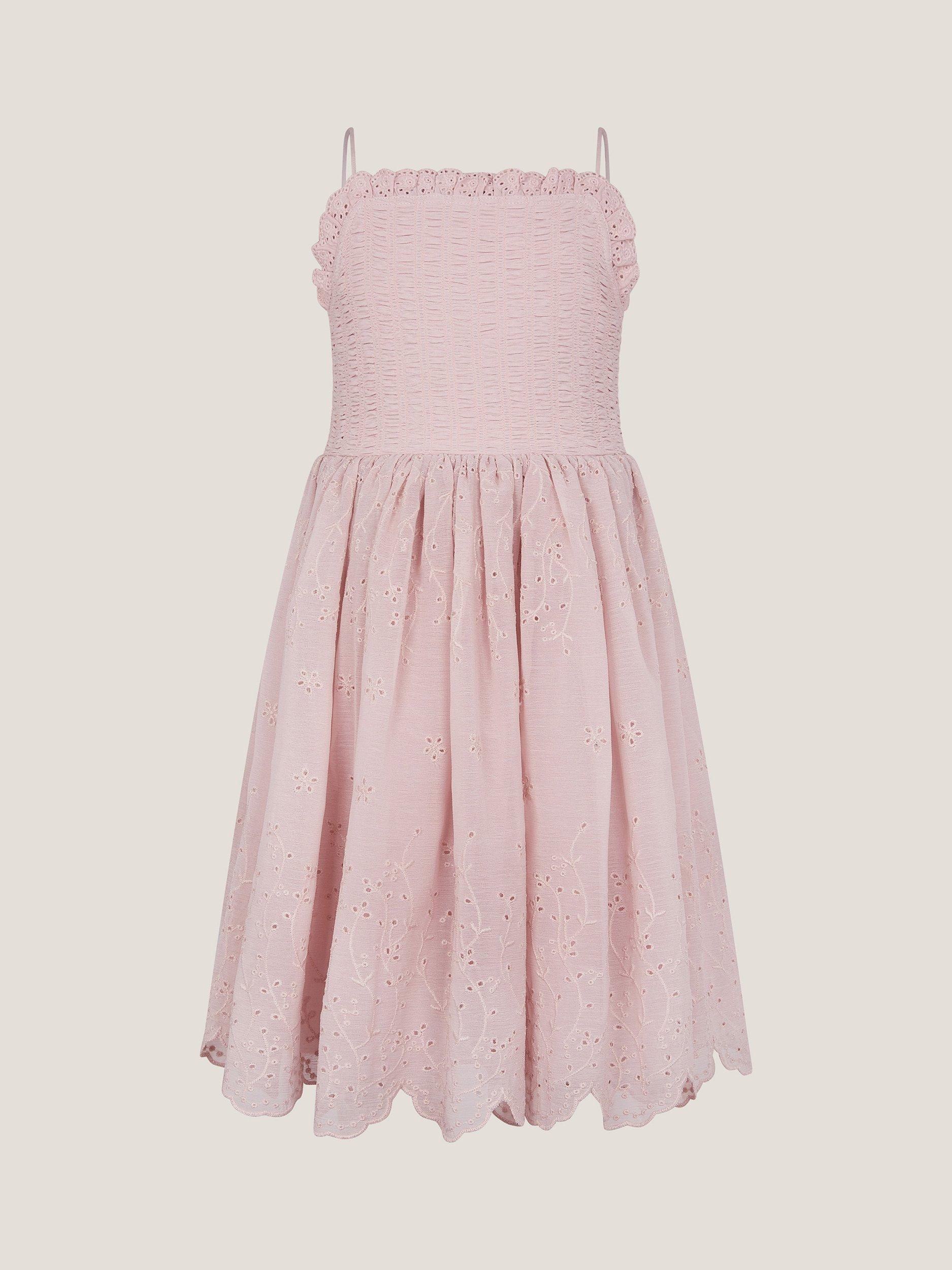 Product image 2 of 4, which shows Monsoon Kids' Clementine Strappy Broderie Dress, Pink, 3 years