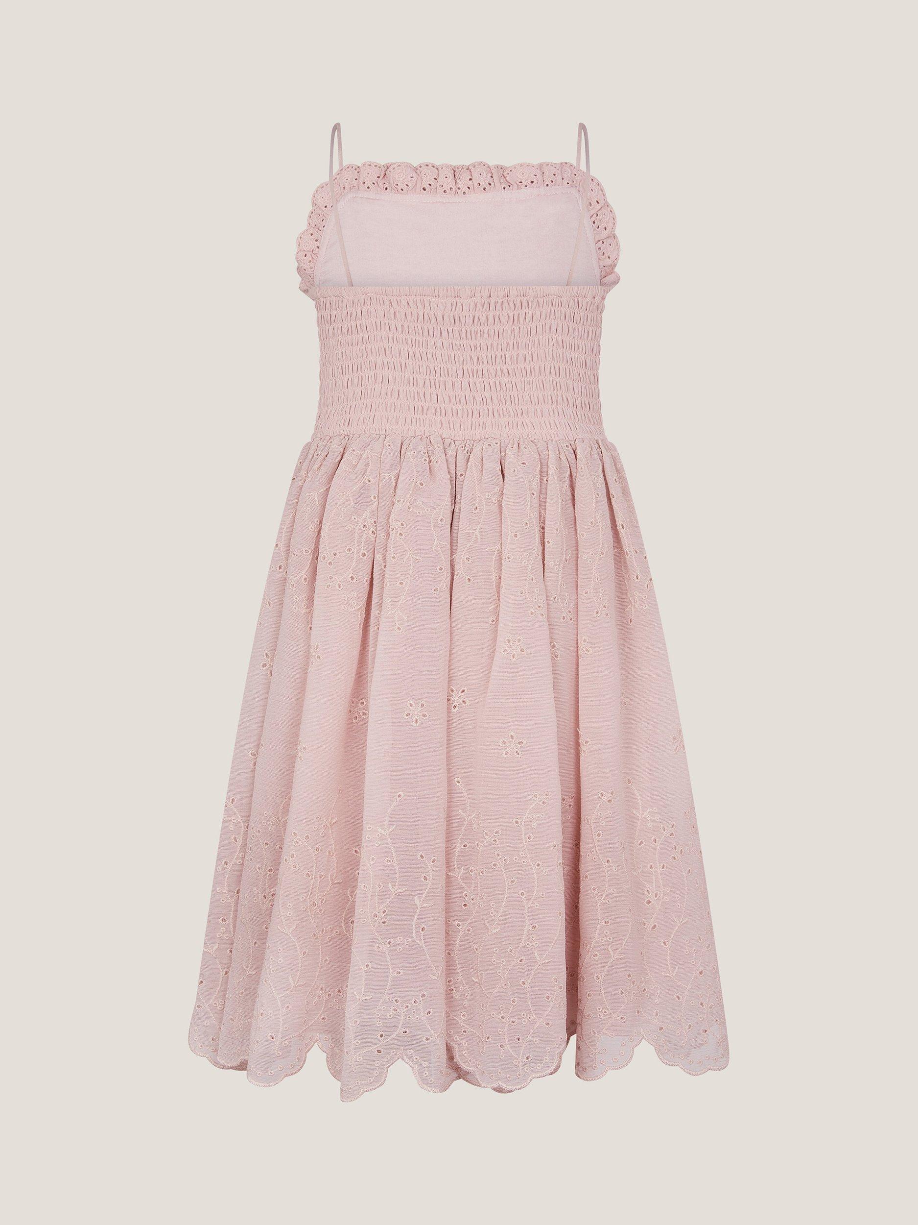 Product image 3 of 4, which shows Monsoon Kids' Clementine Strappy Broderie Dress, Pink, 3 years