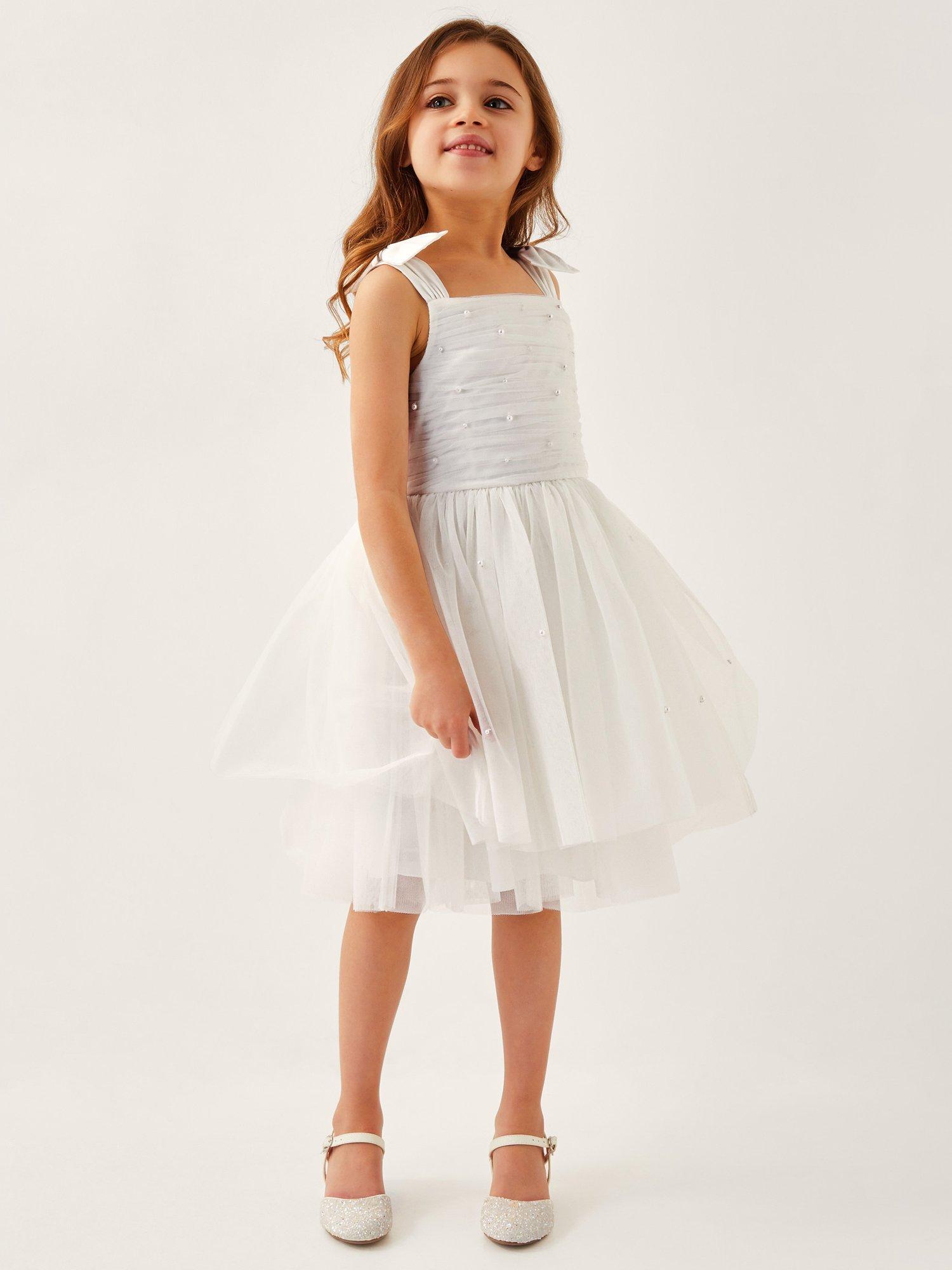 Product image 1 of 4, which shows Monsoon Kids' Olivia Pearl Ruched Tulle Dress, Ivory, 6 years