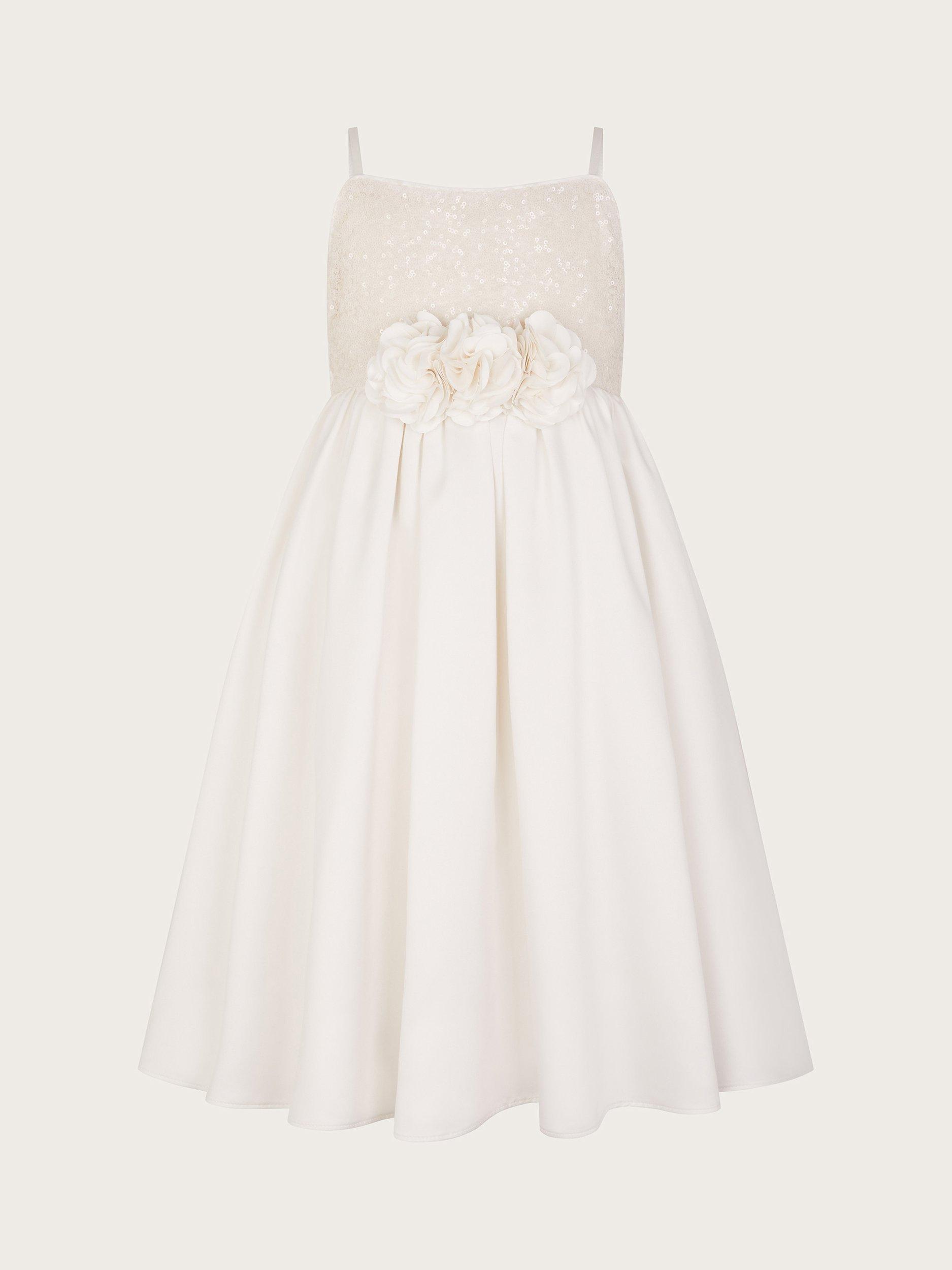 Product image 1 of 3, which shows Monsoon Kids' Orelia Strappy Sequin Satin Dress, Warm Ivory, 4 years