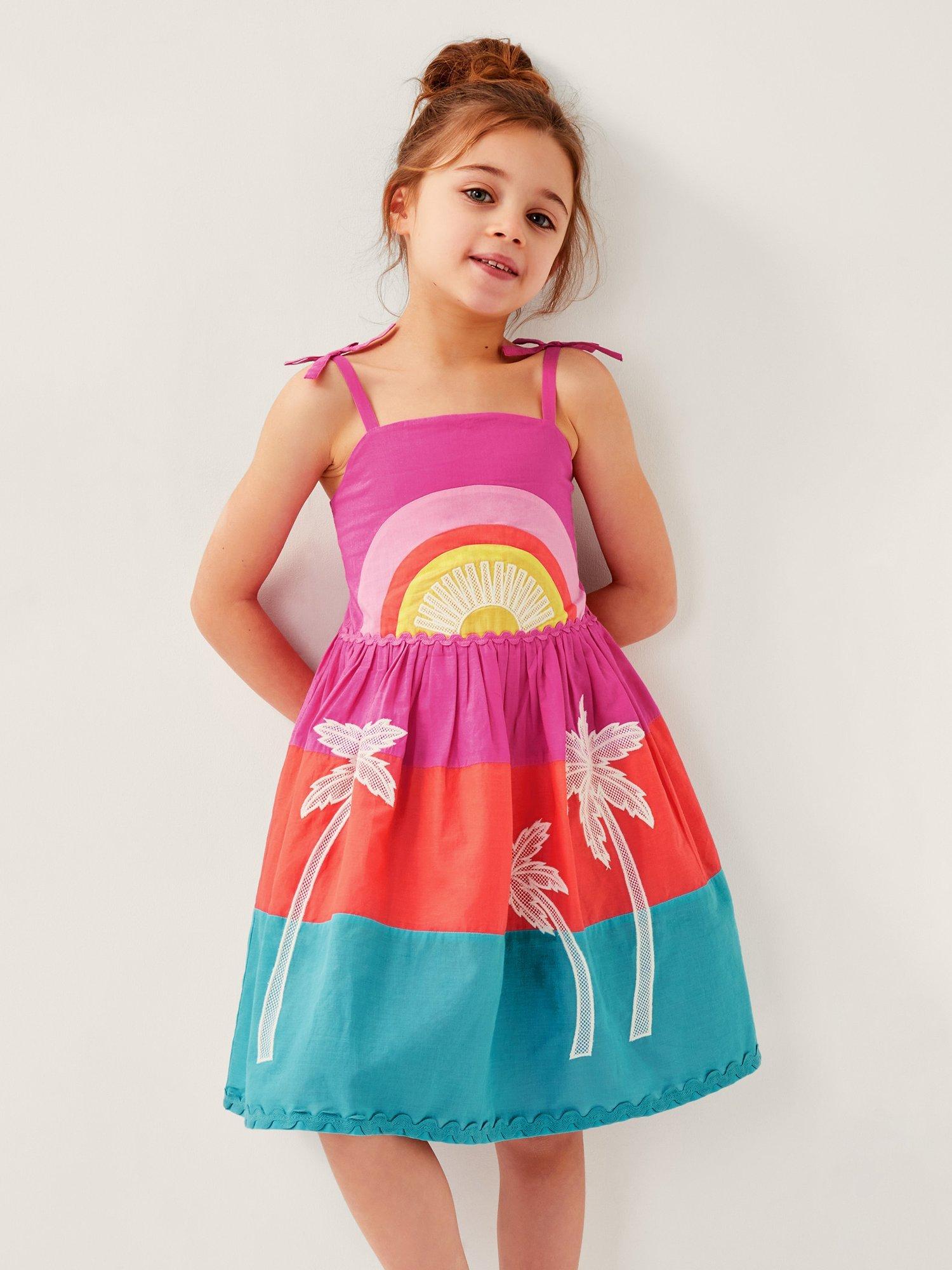 Product image 1 of 4, which shows Monsoon Kids' Sunset Embroidered Cotton Sundress, Multi, 11-12 years