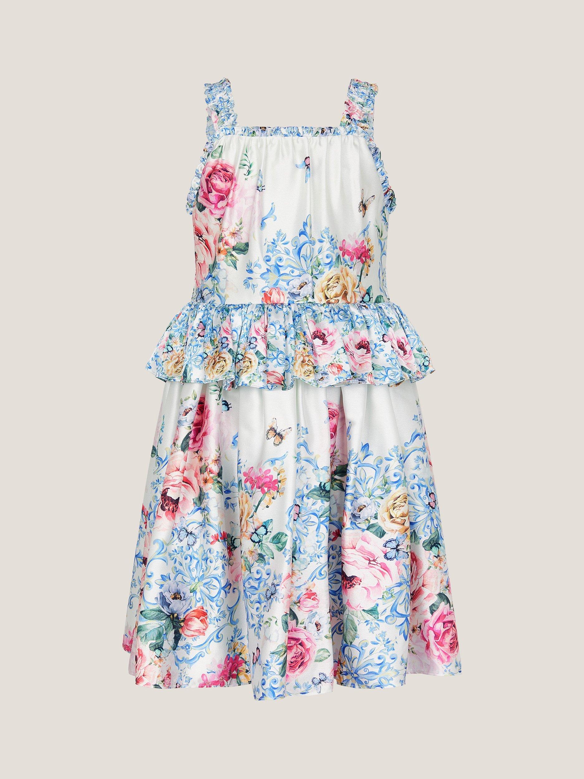 Product image 1 of 3, which shows Monsoon Kids' Rose Floral Satin Dress, Ivory, 4 years