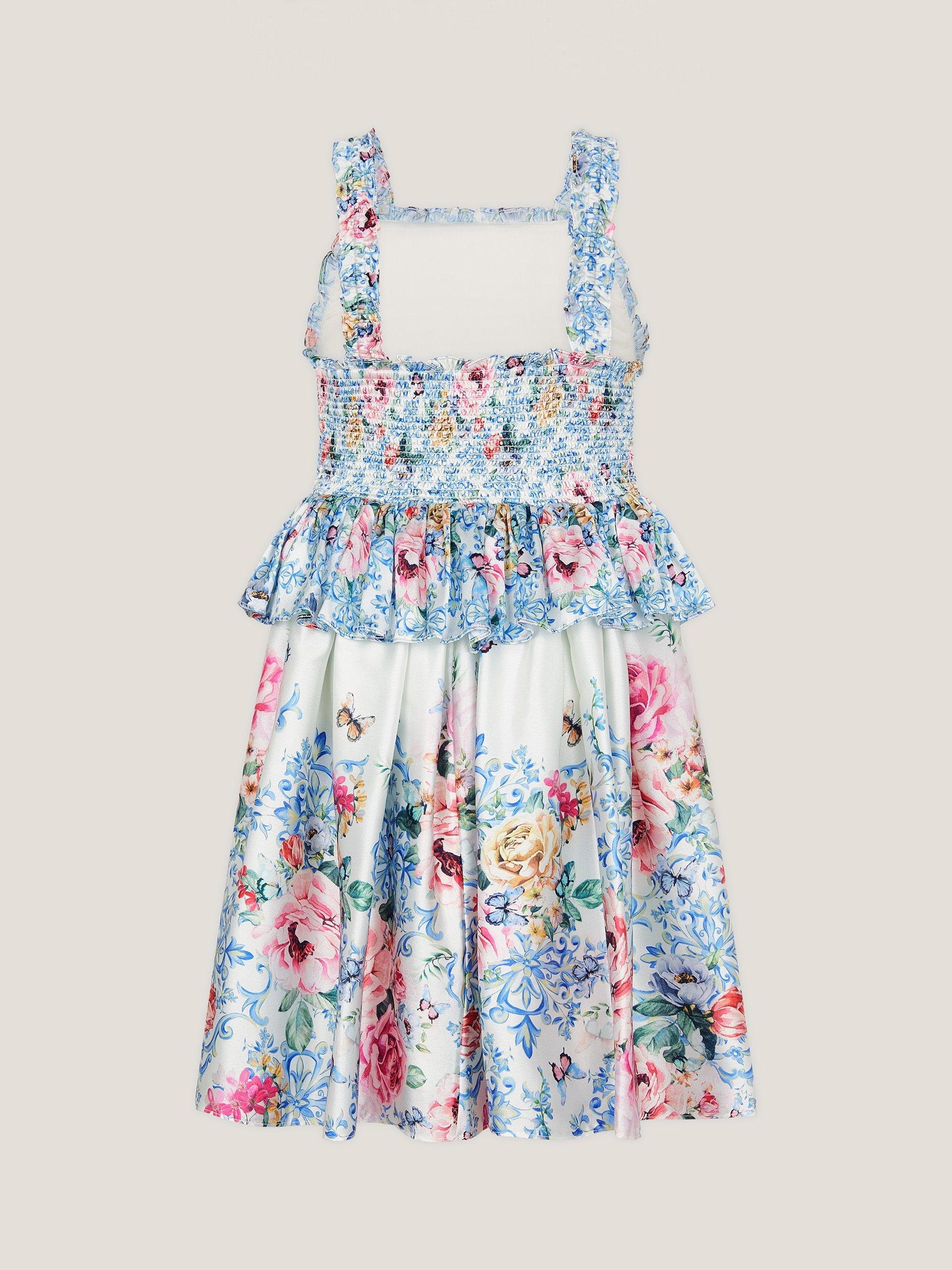 Product image 2 of 3, which shows Monsoon Kids' Rose Floral Satin Dress, Ivory, 4 years