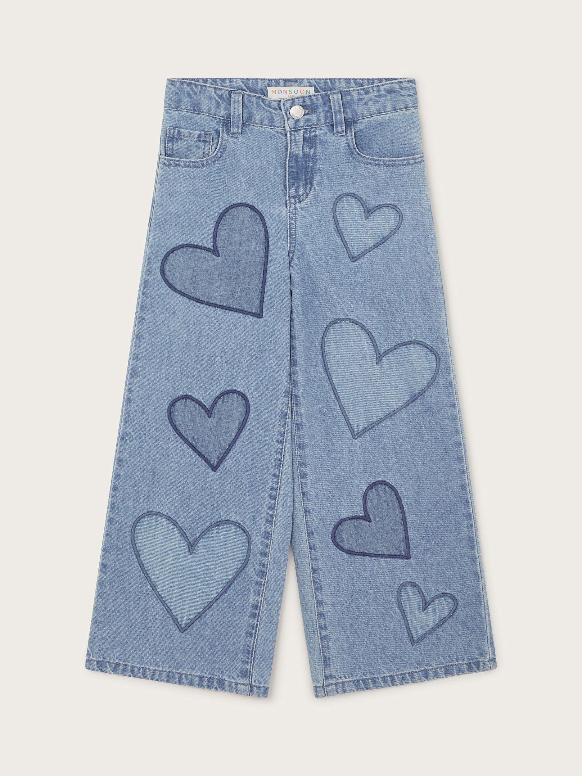 Product image 1 of 3, which shows Monsoon Kids' Heart Embroidered Wide Leg Jeans, Blue, 3 years
