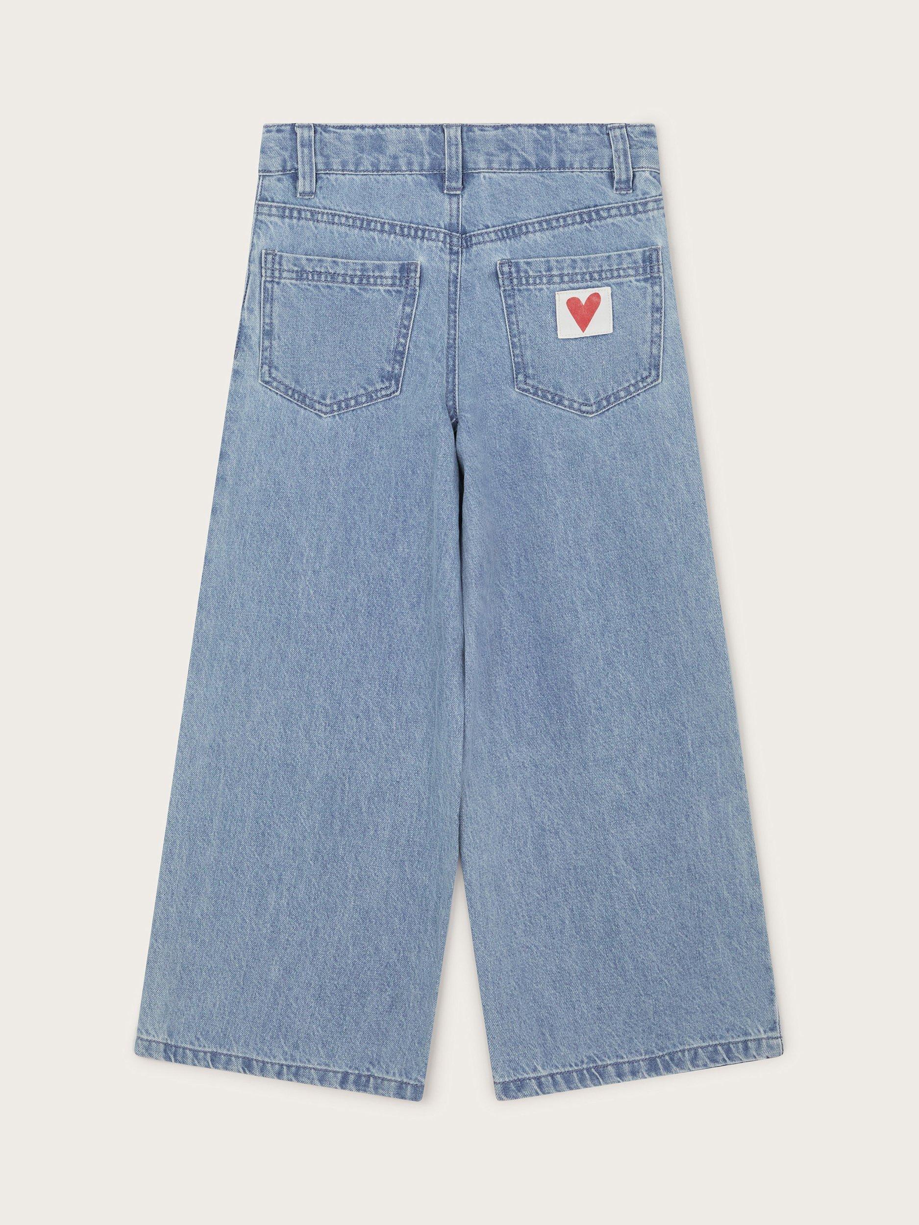 Product image 2 of 3, which shows Monsoon Kids' Heart Embroidered Wide Leg Jeans, Blue, 3 years