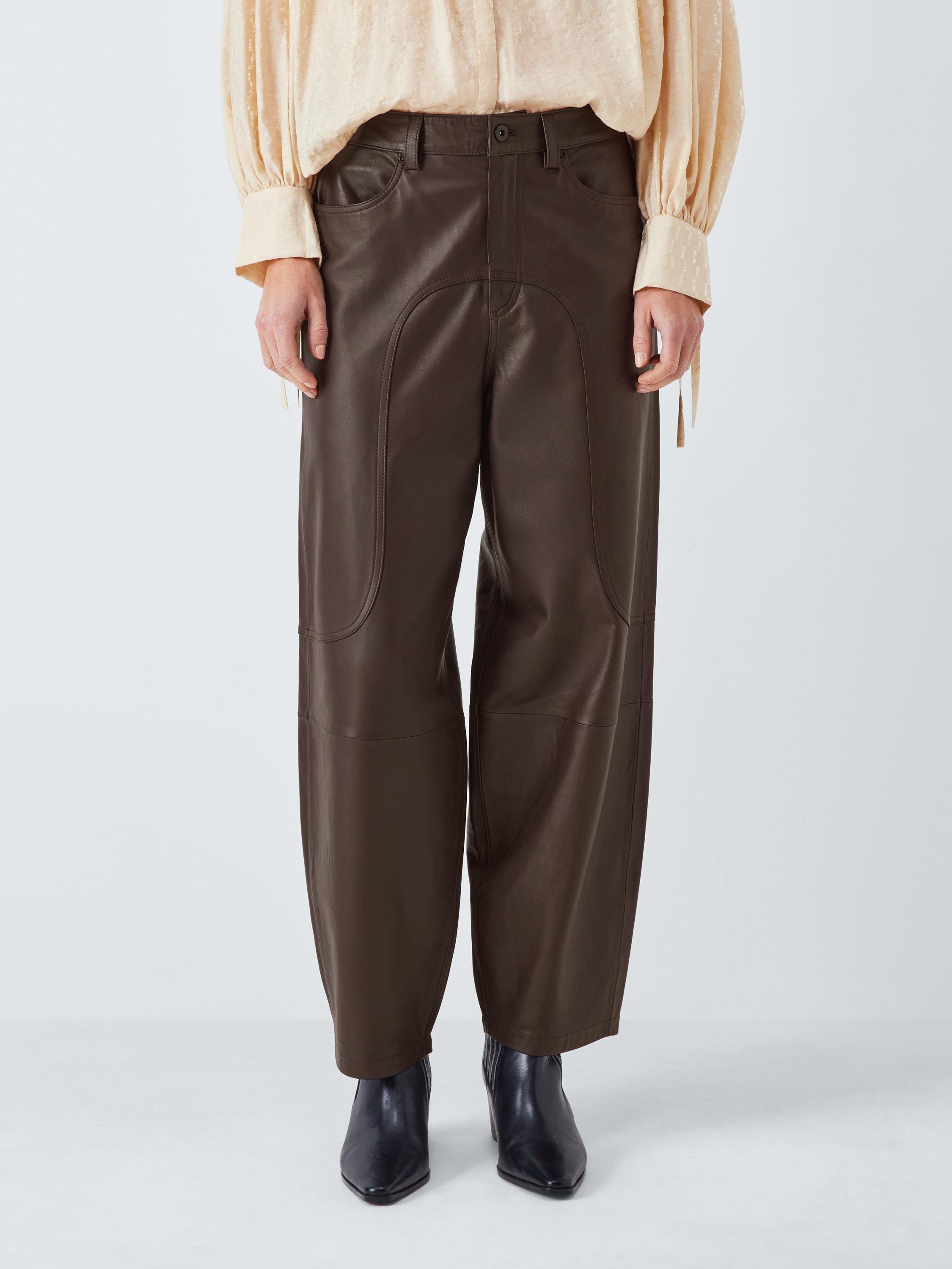 Product image 1 of 6, which shows AND/OR Saddle Barrel Leg Pure Leather Trousers, Chocolate, 12