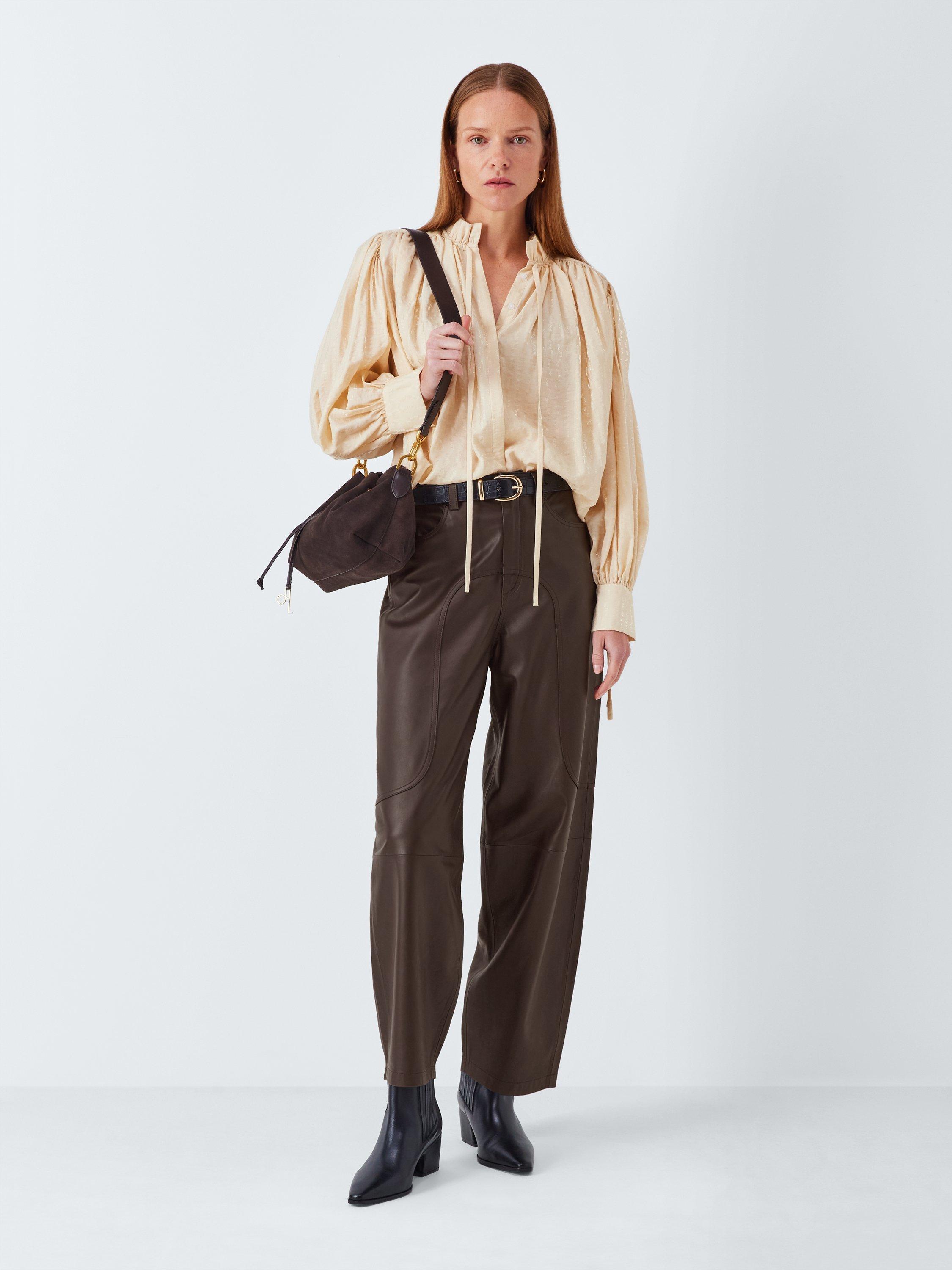 Product image 3 of 6, which shows AND/OR Saddle Barrel Leg Pure Leather Trousers, Chocolate, 12