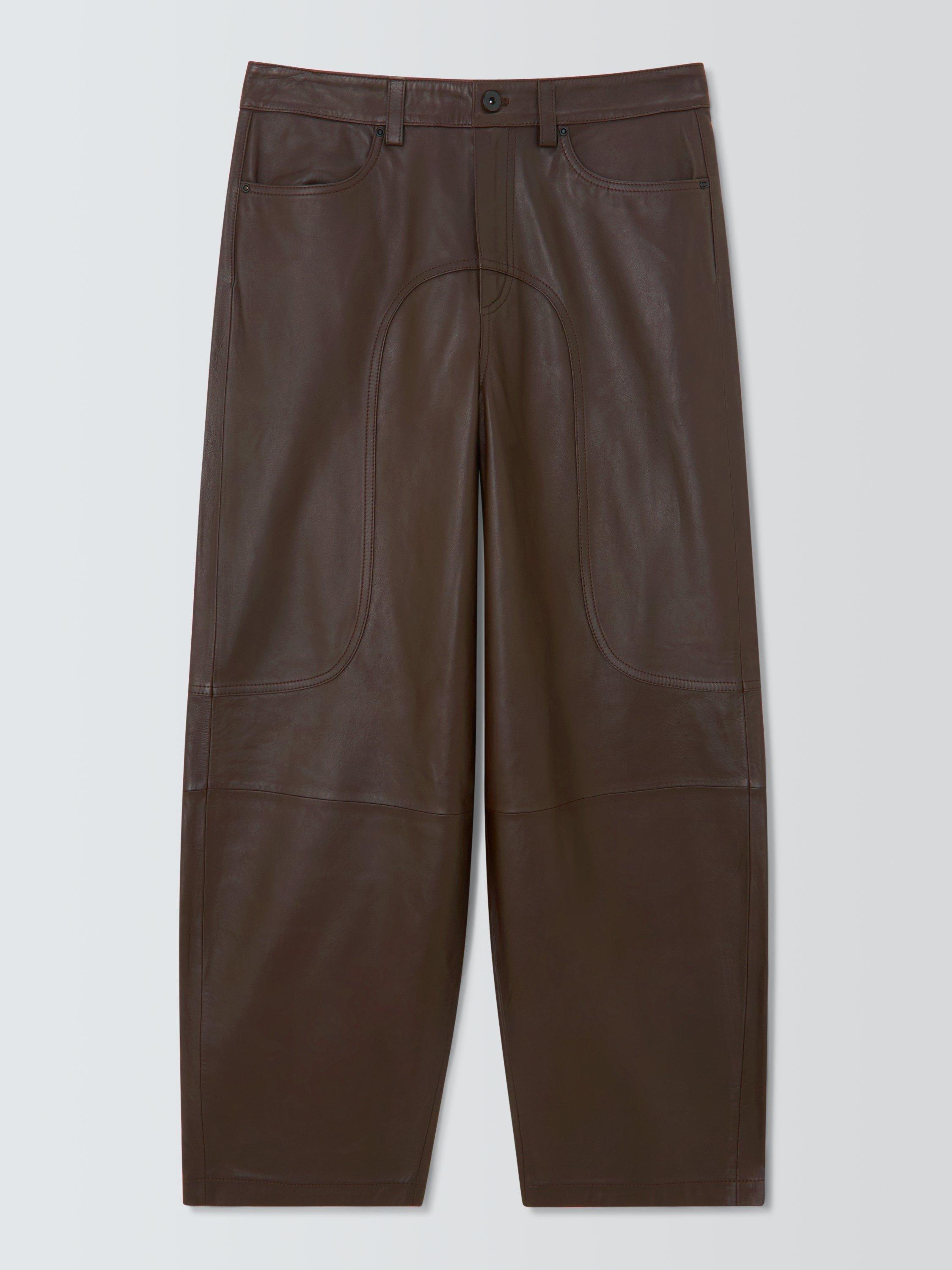 Product image 4 of 6, which shows AND/OR Saddle Barrel Leg Pure Leather Trousers, Chocolate, 12
