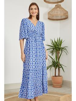 Yumi Aztec Print Cross Back Maxi Dress, Blue/White, Blue/White