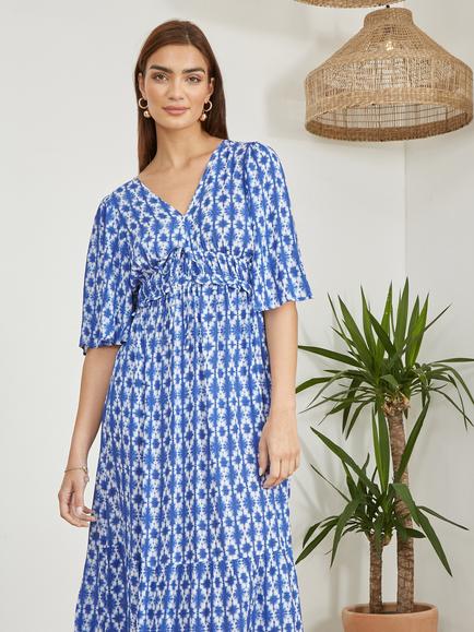 Yumi Aztec Print Cross Back Maxi Dress, Blue/White - view 2, Blue/White