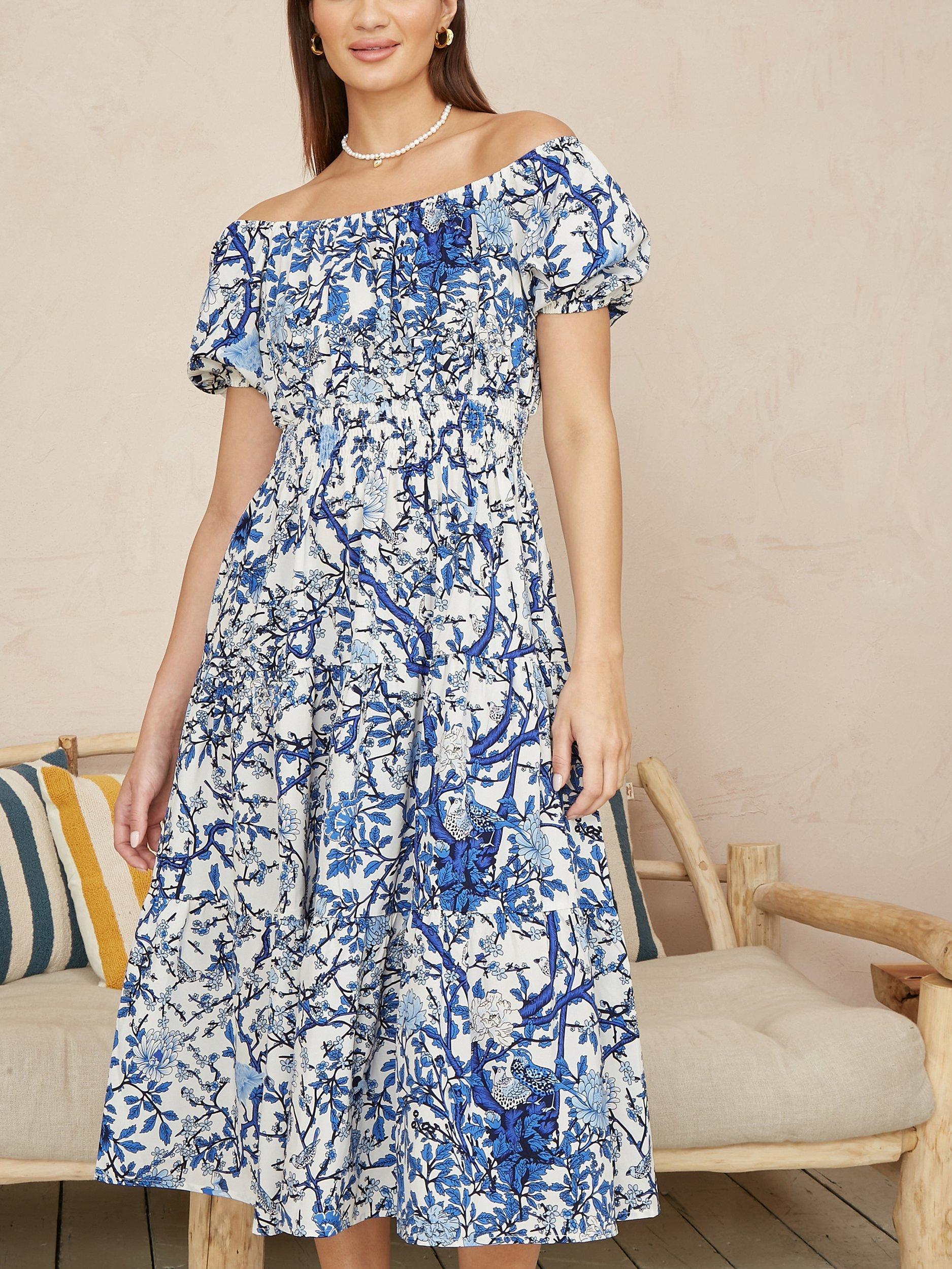 Product image 1 of 5, which shows Yumi Blossom Tree Bardot Midi Dress, Blue/White, 8