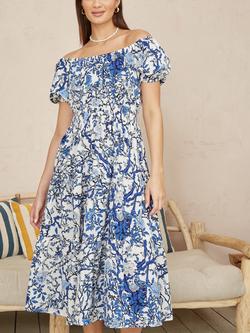 Yumi Blossom Tree Bardot Midi Dress, Blue/White, Blue/White