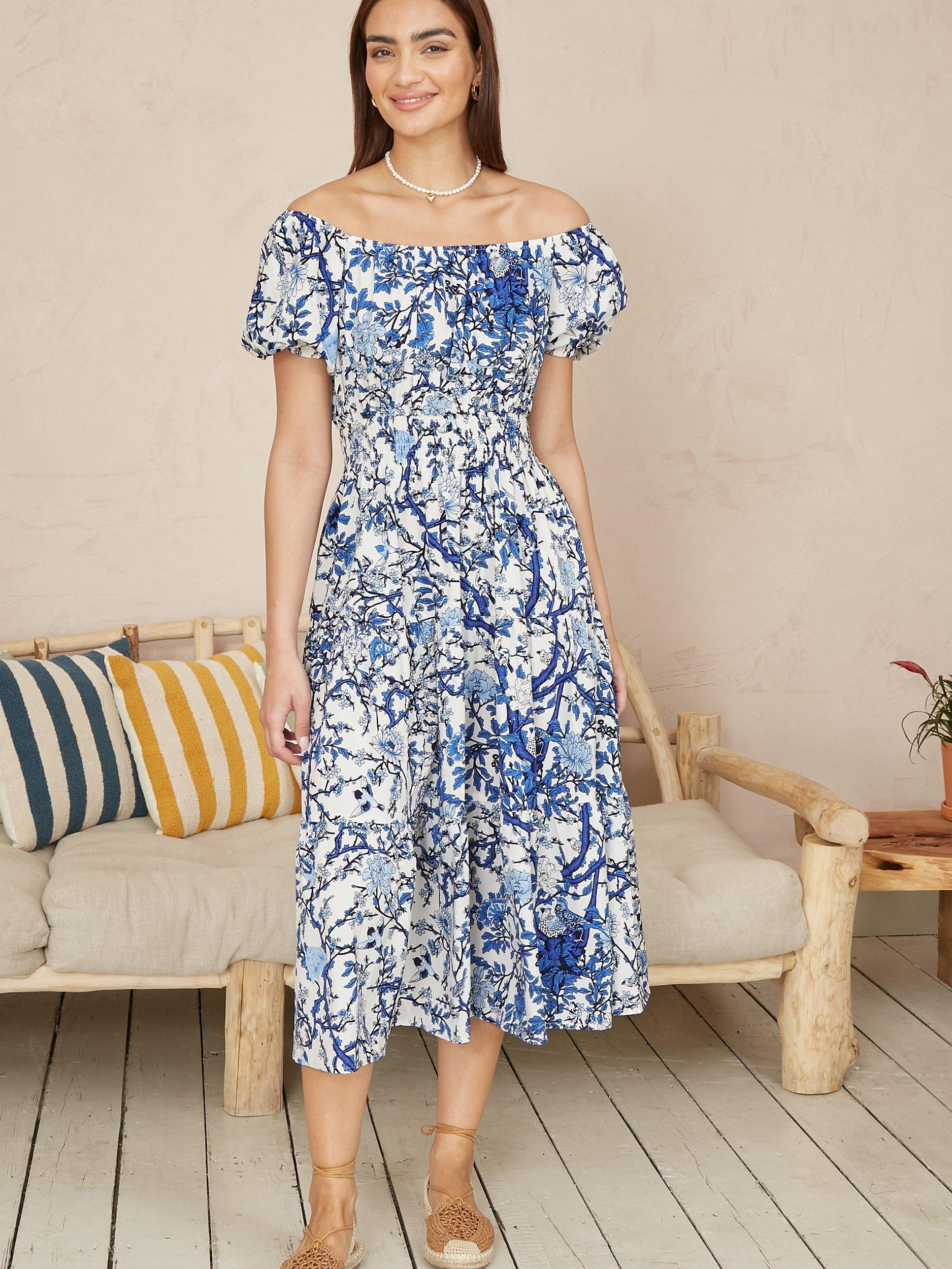 Product image 2 of 5, which shows Yumi Blossom Tree Bardot Midi Dress, Blue/White, 8