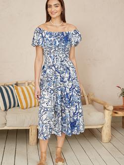 Yumi Blossom Tree Bardot Midi Dress, Blue/White - view 2, Blue/White
