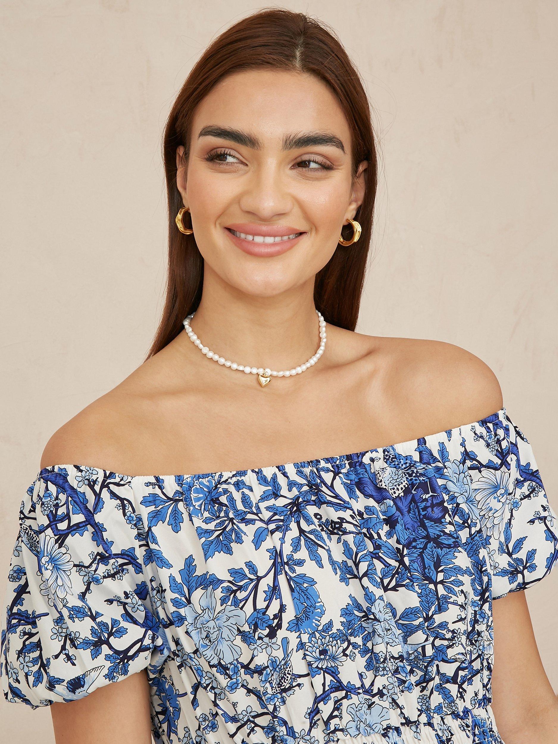 Product image 3 of 5, which shows Yumi Blossom Tree Bardot Midi Dress, Blue/White, 8