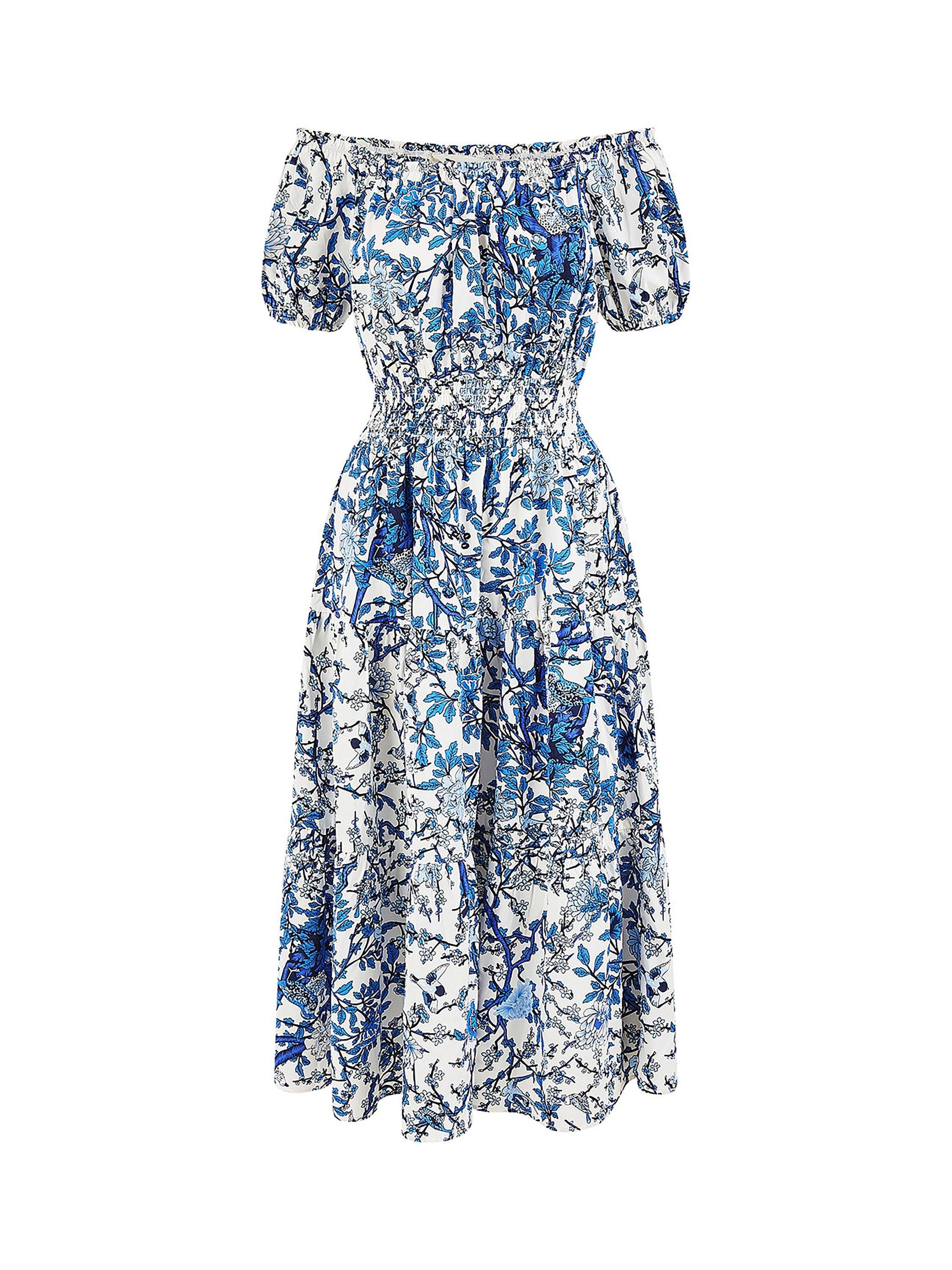 Product image 5 of 5, which shows Yumi Blossom Tree Bardot Midi Dress, Blue/White, 8