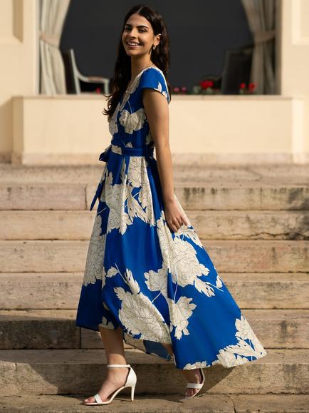 Yumi Blossom Wrap Midi Dress, Blue/White