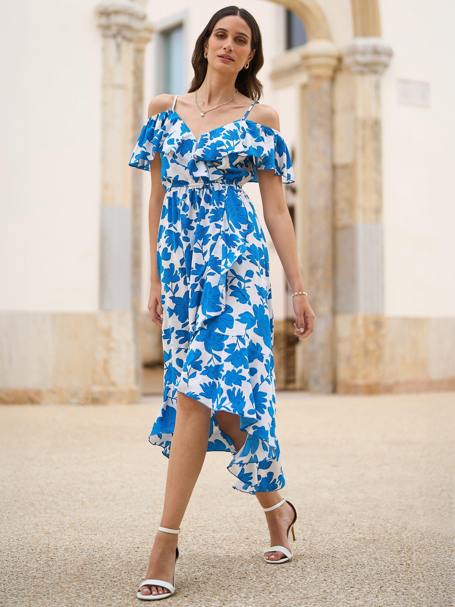 Product image 1 of 7, which shows Yumi Ditsy Bardot Dip Hem Dress, Blue/White, 8