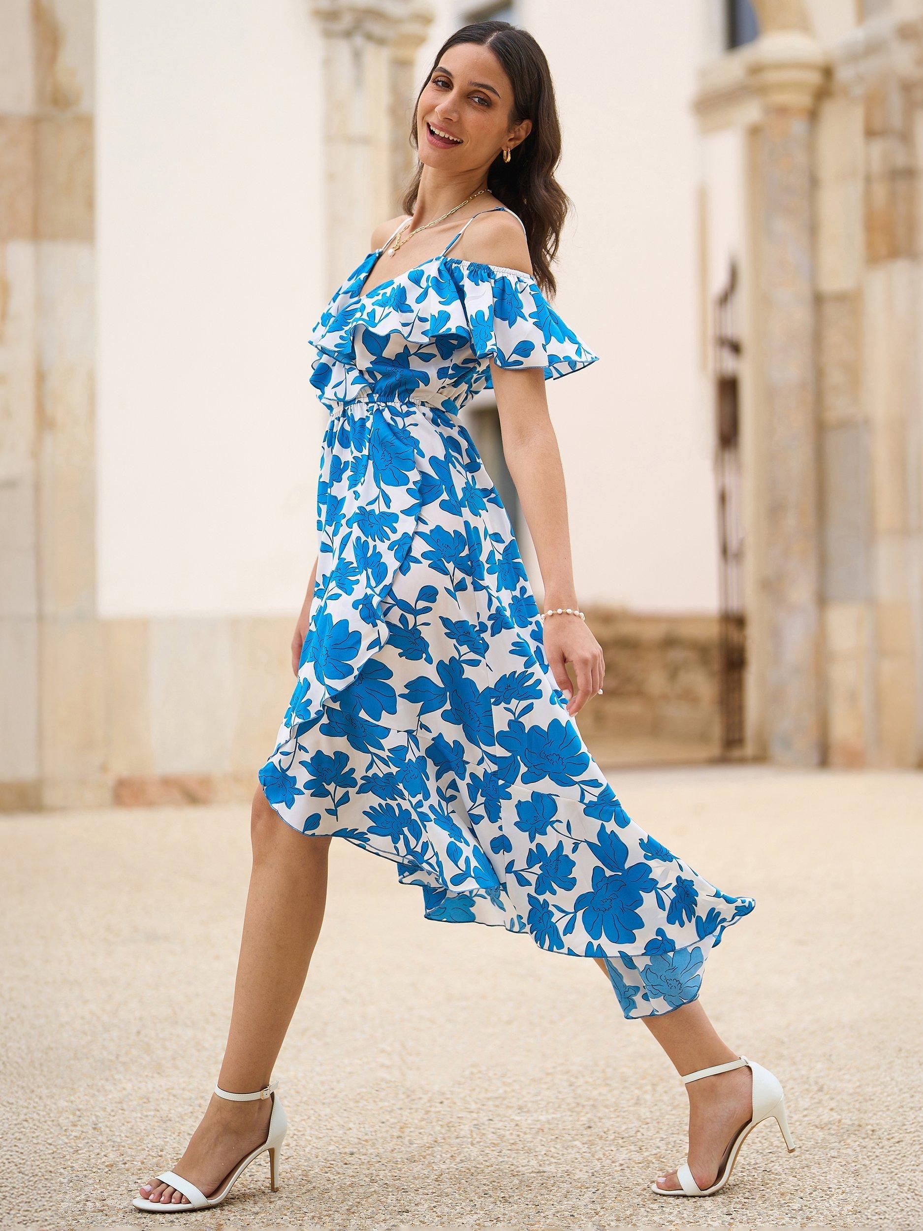 Product image 2 of 7, which shows Yumi Ditsy Bardot Dip Hem Dress, Blue/White, 8