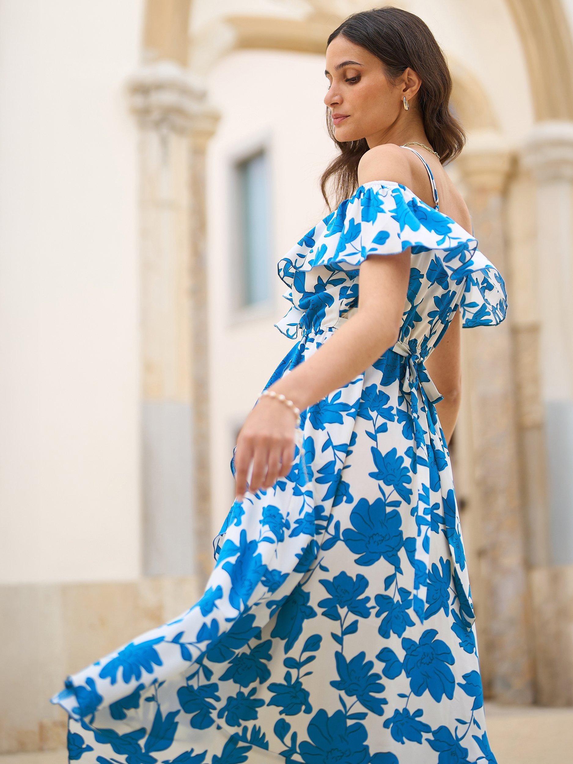 Product image 5 of 7, which shows Yumi Ditsy Bardot Dip Hem Dress, Blue/White, 8