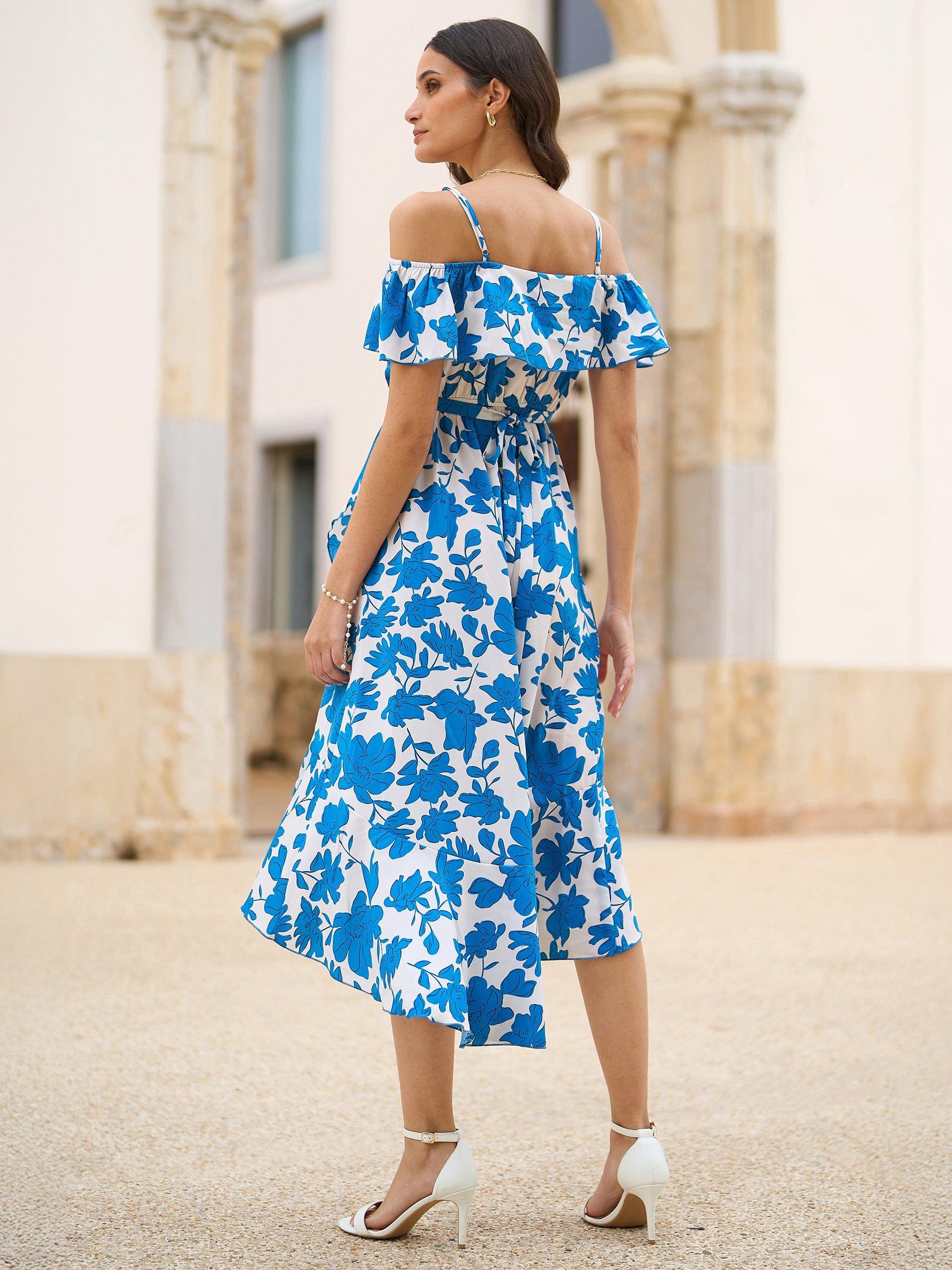 Product image 6 of 7, which shows Yumi Ditsy Bardot Dip Hem Dress, Blue/White, 8