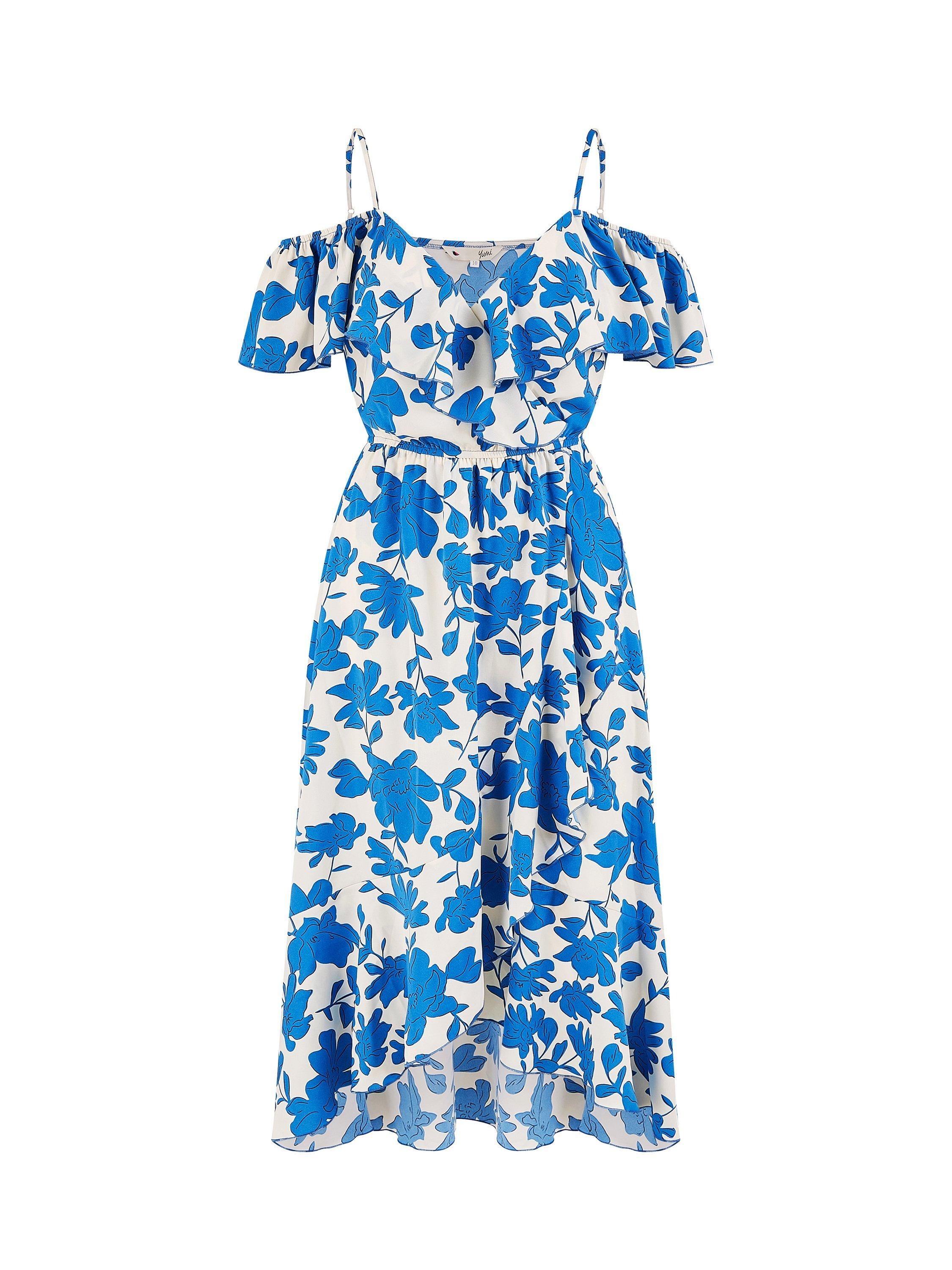 Product image 7 of 7, which shows Yumi Ditsy Bardot Dip Hem Dress, Blue/White, 8