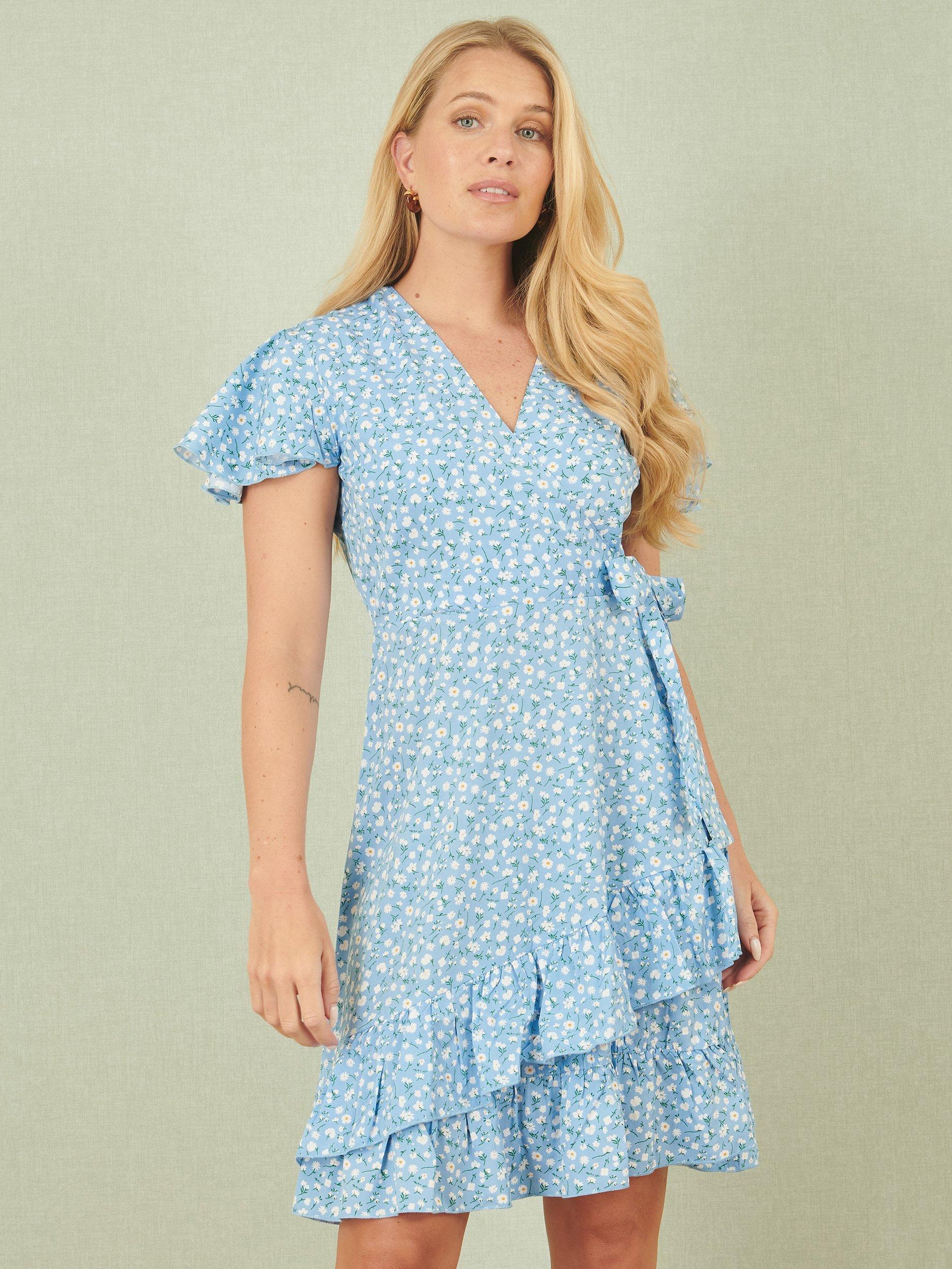 Product image 1 of 4, which shows Yumi Ditsy Floral Frill Wrap Dress, Blue, 8