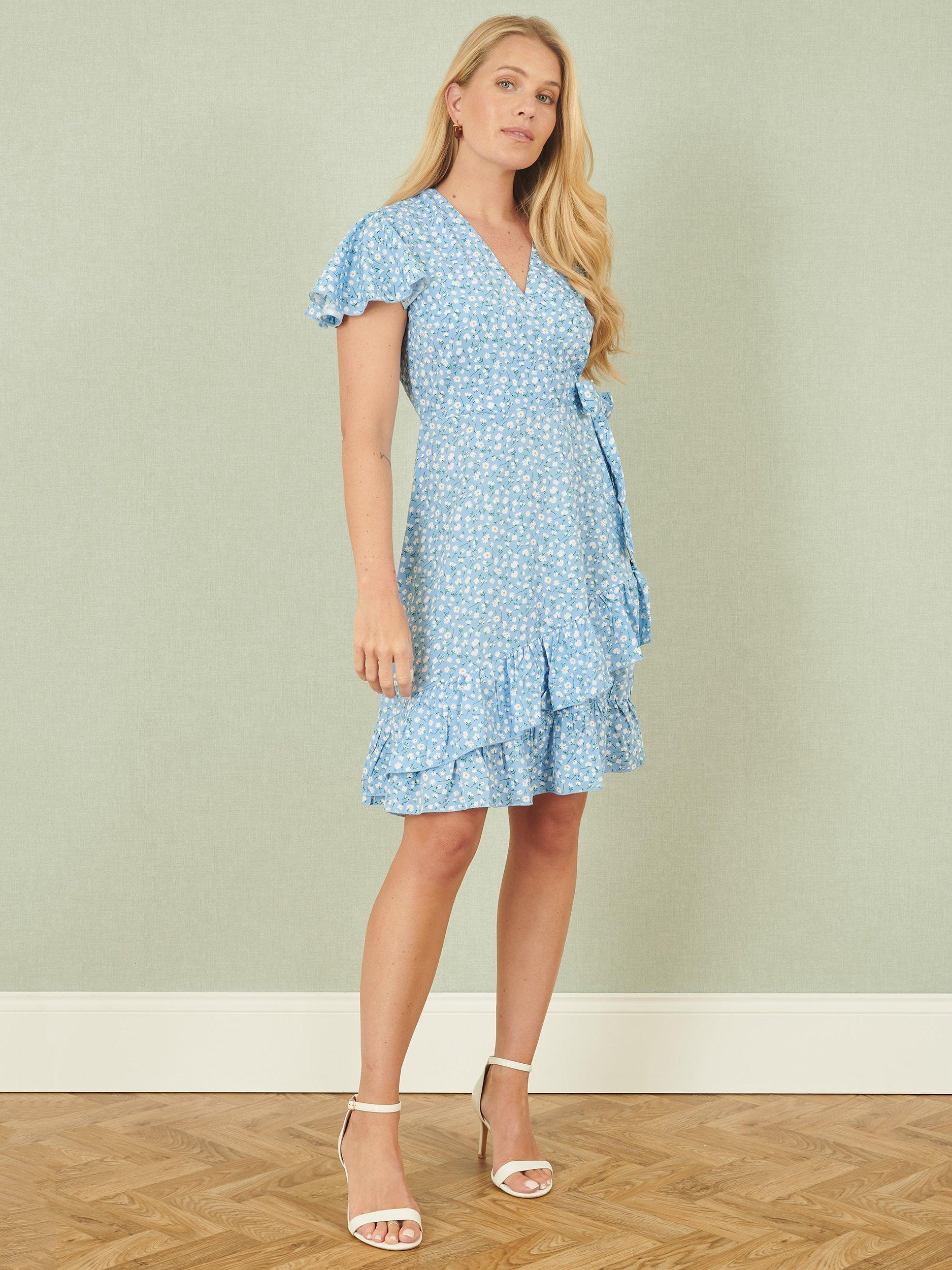 Product image 2 of 4, which shows Yumi Ditsy Floral Frill Wrap Dress, Blue, 8