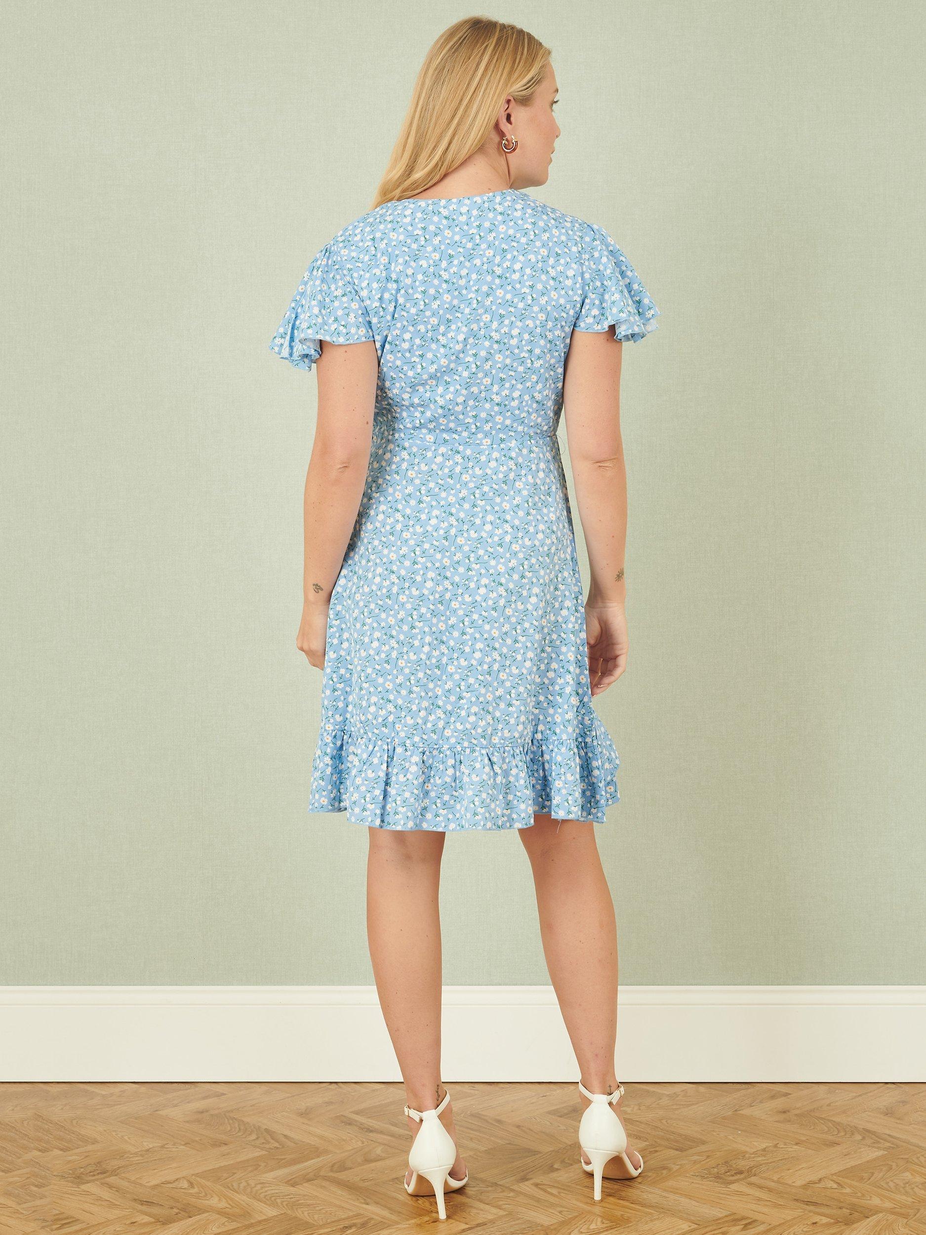 Product image 3 of 4, which shows Yumi Ditsy Floral Frill Wrap Dress, Blue, 8