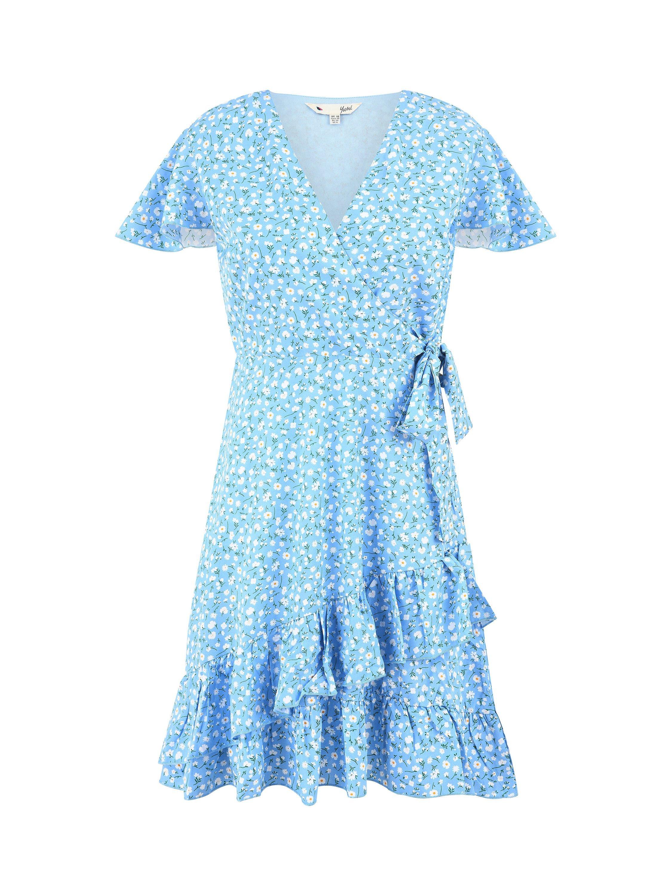Product image 4 of 4, which shows Yumi Ditsy Floral Frill Wrap Dress, Blue, 8